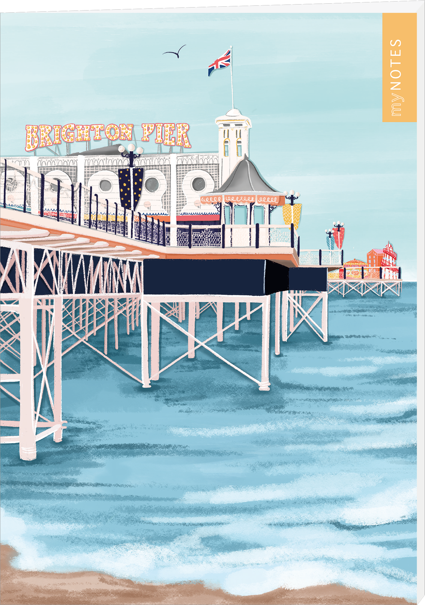 Das Buchcover zeigt eine farbenfrohe, illustratorische Darstellung des Brighton Piers, umgeben von sanften Wellen. Der Himmel ist in einem hellen Blau gehalten, während der Pier in Beige- und Blautönen abgebildet ist. Über dem Pier prangt der Schriftzug „BRIGHTON PIER“ in großen, leuchtenden Buchstaben. Auf der rechten oberen Seite befindet sich ein orangefarbener Notizbereich mit dem Text „my NOTES“. Ganz unten mittig steht der Logoschriftzug von arsEdition.