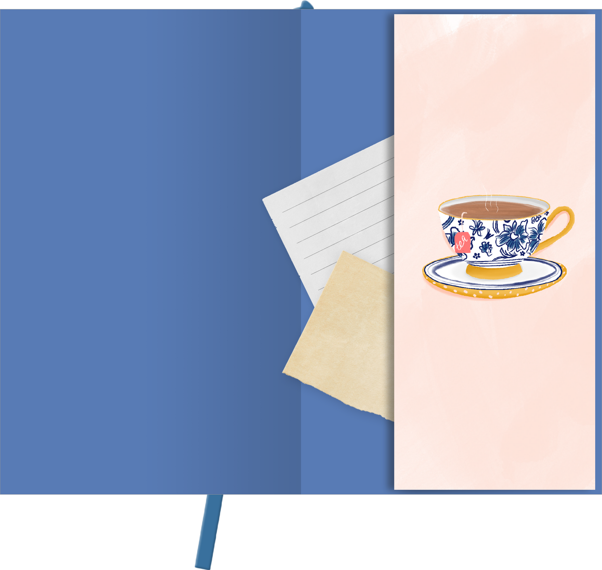 Gezeigt wird eine Innen- oder Zusatzansicht von „myNOTES Papeterie: Notizbuch A6 Simply, Katy – Tea Time“. Der Innenteil präsentiert ein sanftes, pastellfarbenes Design mit einer zarten, rosa Hintergrundfarbe. Ein dekorativer, blauer Teetassen-Illustration ziert die rechte Seite, während eine leicht strukturierte, beige Notizkarte und ein weißes, liniertes Blatt sichtbar sind. Die Typografie ist schlicht und modern, was die elegante Gestaltung unterstreicht.