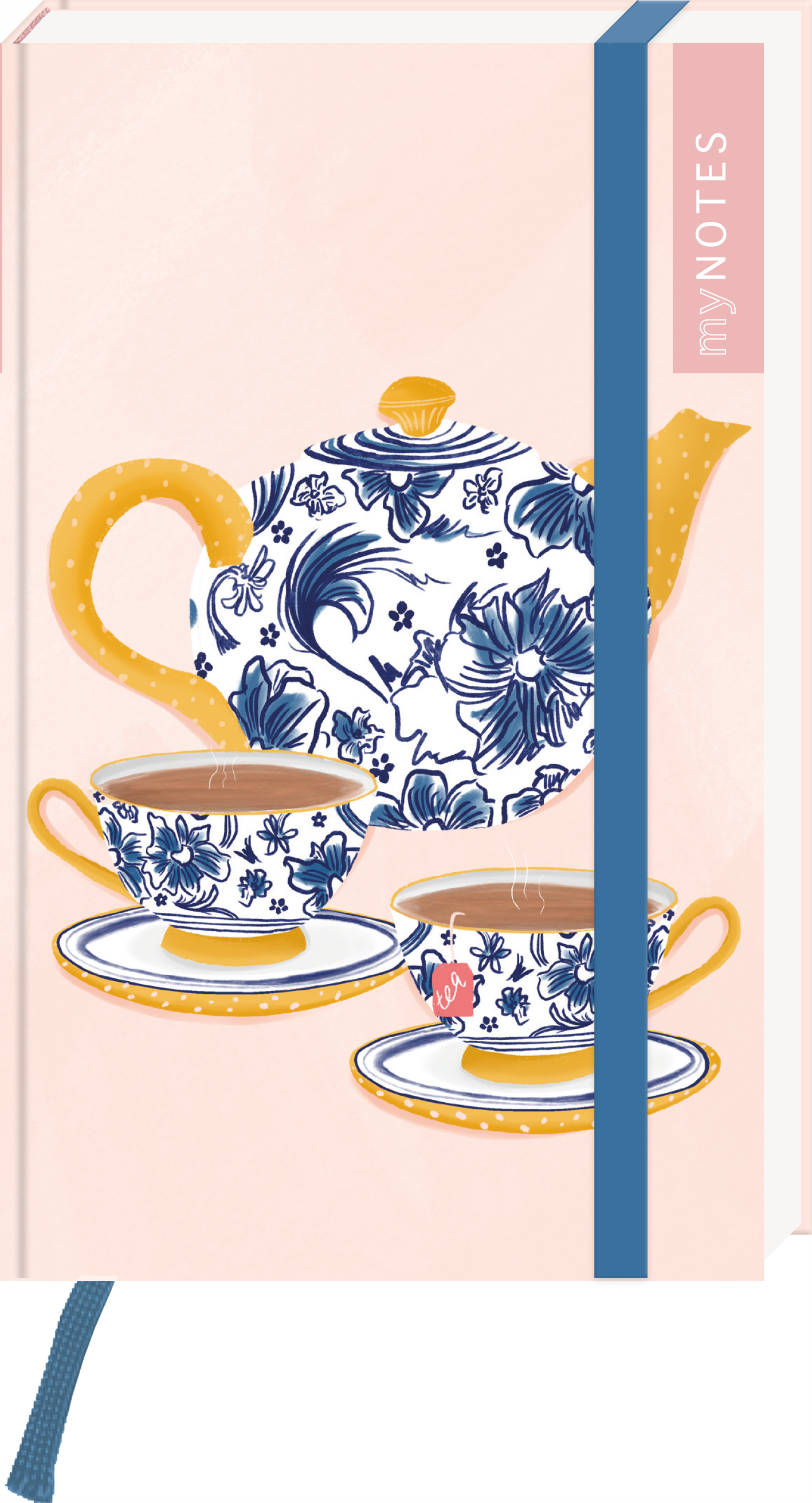 Das Buchcover zeigt eine stilvolle Teekanne und zwei dazugehörige Tassen auf einem sanften, peachfarbenen Hintergrund. Die Teekanne ist mit floralen Mustern in Blau und Weiß verziert, wobei die Tassen ähnliche Designs aufweisen. Auf der oberen rechten Seite befindet sich ein schmaler, rosa Streifen mit dem Schriftzug „my NOTES“ in Weiß. Insgesamt vermittelt das Cover eine gemütliche und einladende Atmosphäre. Ganz unten mittig steht der Logoschriftzug von arsEdition.