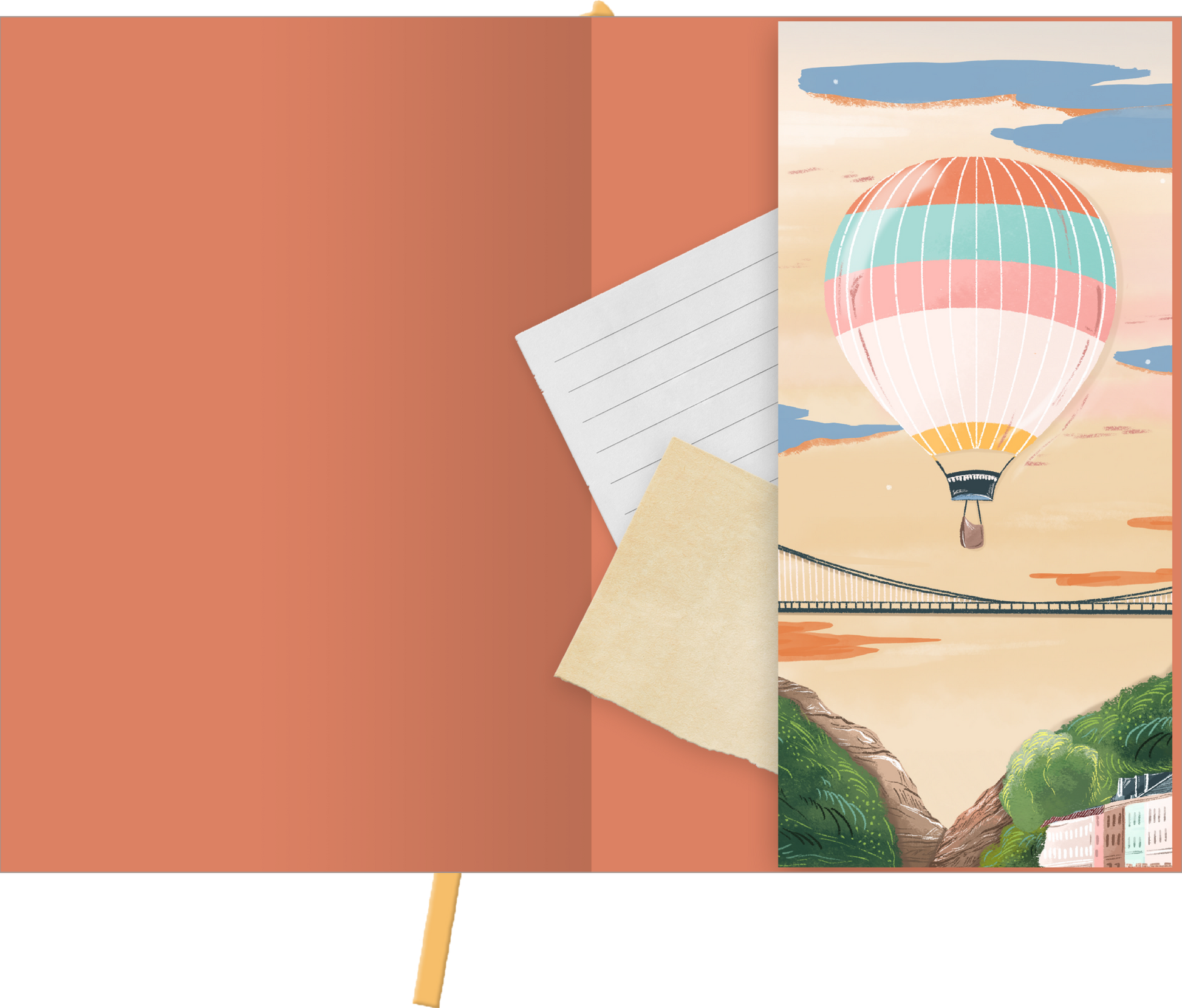 Gezeigt wird eine Innen- oder Zusatzansicht von „myNOTES Papeterie: Notizbuch A5 Simply, Katy – Bristol Harbour“. Die linke Seite zeigt einen überwiegend terracottafarbenen Hintergrund, während die rechte Seite eine lebendige Illustration mit einem Heißluftballon in sanften Pastelltönen zeigt, eingebettet in eine Landschaft mit Brücke und Hügeln. Auf einem beigefarbenen, leicht zerknitterten Zettel sind liniierte Notizen sichtbar, die fein und klar in Schwarz gehalten sind.