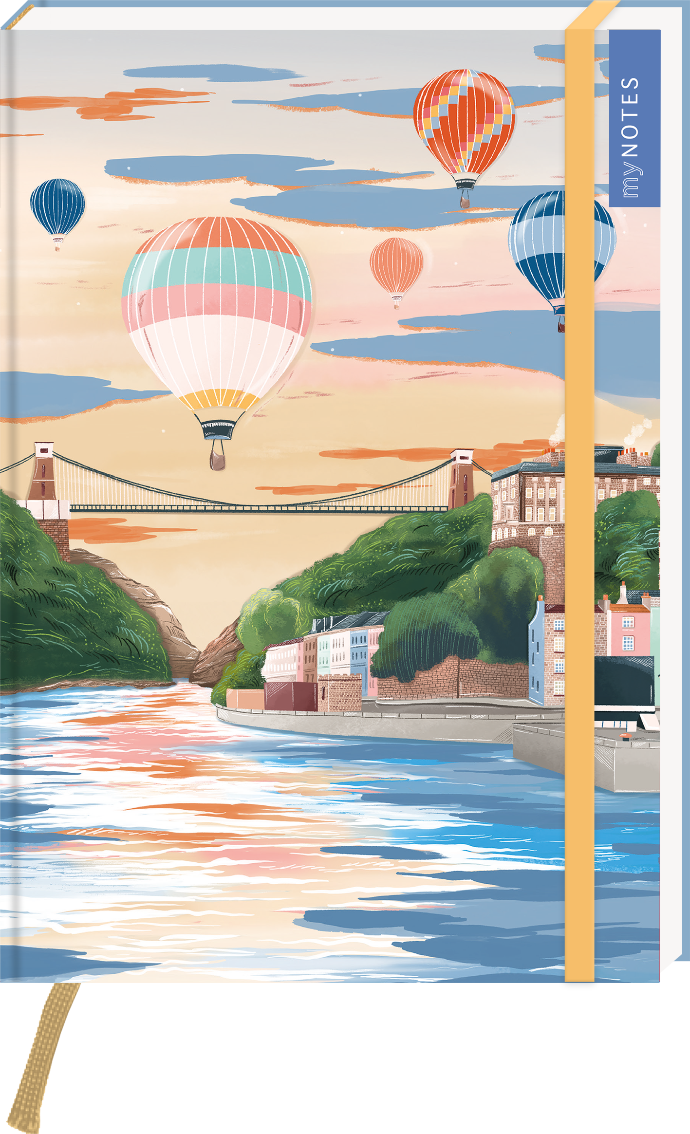 Das Buchcover zeigt eine malerische Landschaft mit mehreren bunten Heißluftballons, die sanft über eine idyllische Flusslandschaft schweben. Im Hintergrund sind eine Brücke und bepflanzte Hügel zu sehen, die sich in warmen Pastellfarben erheben. Der Titel „my NOTES“ ist in elegantem Blau an der oberen rechten Ecke platziert. Eine ruhige, einladende Atmosphäre vermittelt das Cover. Ganz unten mittig steht der Logoschriftzug von arsEdition.