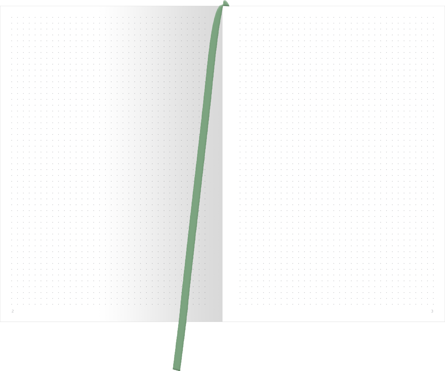 Gezeigt wird eine Innen- oder Zusatzansicht von „myNOTES Papeterie: Notizbuch A4 Simply, Katy – Spring Lane“. Die Seiten sind in einem klaren, weißen Design gehalten, mit feinen, grauen Punkten, die eine strukturierte Anordnung ermöglichen. Eine grüne Lesehilfe befindet sich an der Oberseite. Die Schriftart und Typografie sind modern und gut lesbar, wobei die Schlichtheit des Designs den praktischen Einsatz fördert.