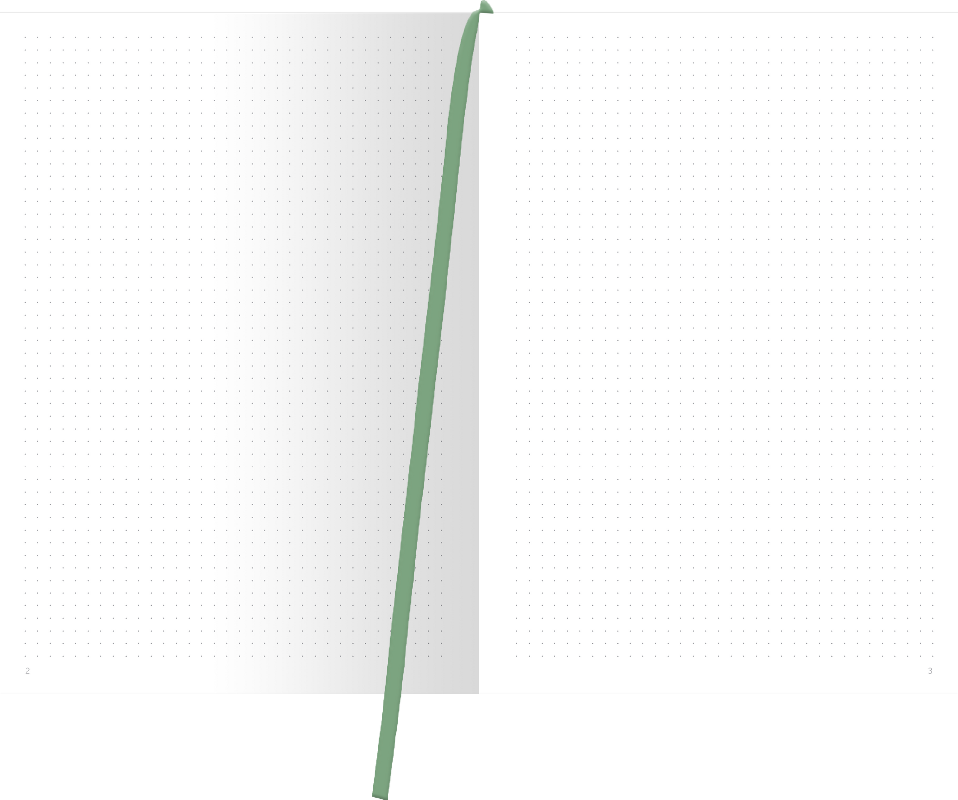 Gezeigt wird eine Innen- oder Zusatzansicht von „myNOTES Papeterie: Notizbuch A4 Simply, Katy – Spring Lane“. Die Seiten sind in einem klaren, weißen Design gehalten, mit feinen, grauen Punkten, die eine strukturierte Anordnung ermöglichen. Eine grüne Lesehilfe befindet sich an der Oberseite. Die Schriftart und Typografie sind modern und gut lesbar, wobei die Schlichtheit des Designs den praktischen Einsatz fördert.