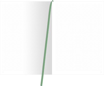 Gezeigt wird eine Innen- oder Zusatzansicht von „myNOTES Papeterie: Notizbuch A4 Simply, Katy – Spring Lane“. Die Seiten sind in einem klaren, weißen Design gehalten, mit feinen, grauen Punkten, die eine strukturierte Anordnung ermöglichen. Eine grüne Lesehilfe befindet sich an der Oberseite. Die Schriftart und Typografie sind modern und gut lesbar, wobei die Schlichtheit des Designs den praktischen Einsatz fördert.