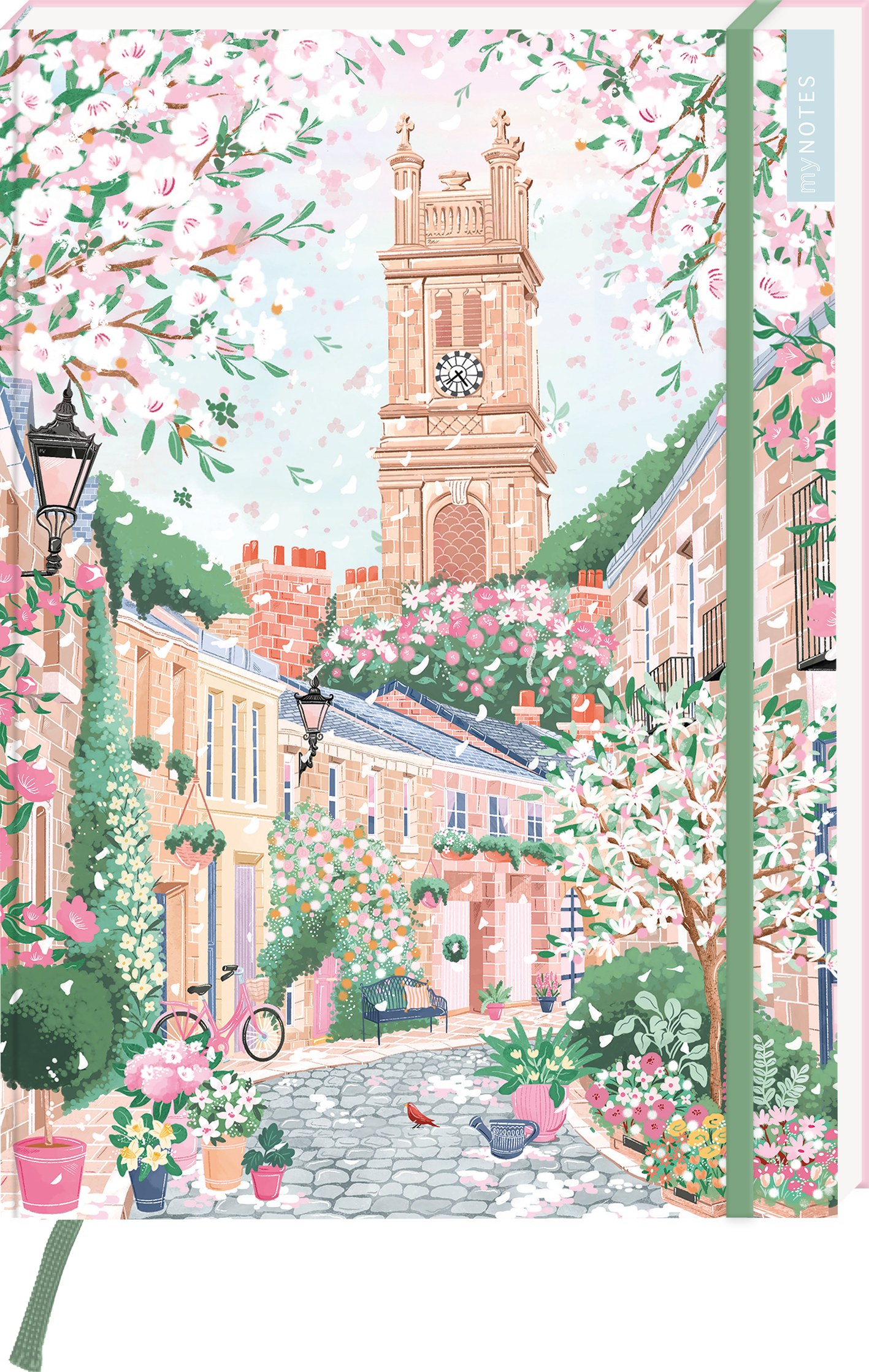 Das Buchcover zeigt eine malerische Straßenansicht mit blühenden Kirschbäumen und bunten Blumen in Töpfen. Im Hintergrund ragt ein hoher, historischer Turm mit einer großen Uhr in sanften Erdtönen empor. Die Straßen sind von charmanten Häusern gesäumt, in denen sich eine angenehme Frühlingsatmosphäre widerspiegelt. Der Titel ist in verspielter Schriftart in einem zarten Rosa gehalten. Ganz unten mittig steht der Logoschriftzug von arsEdition.