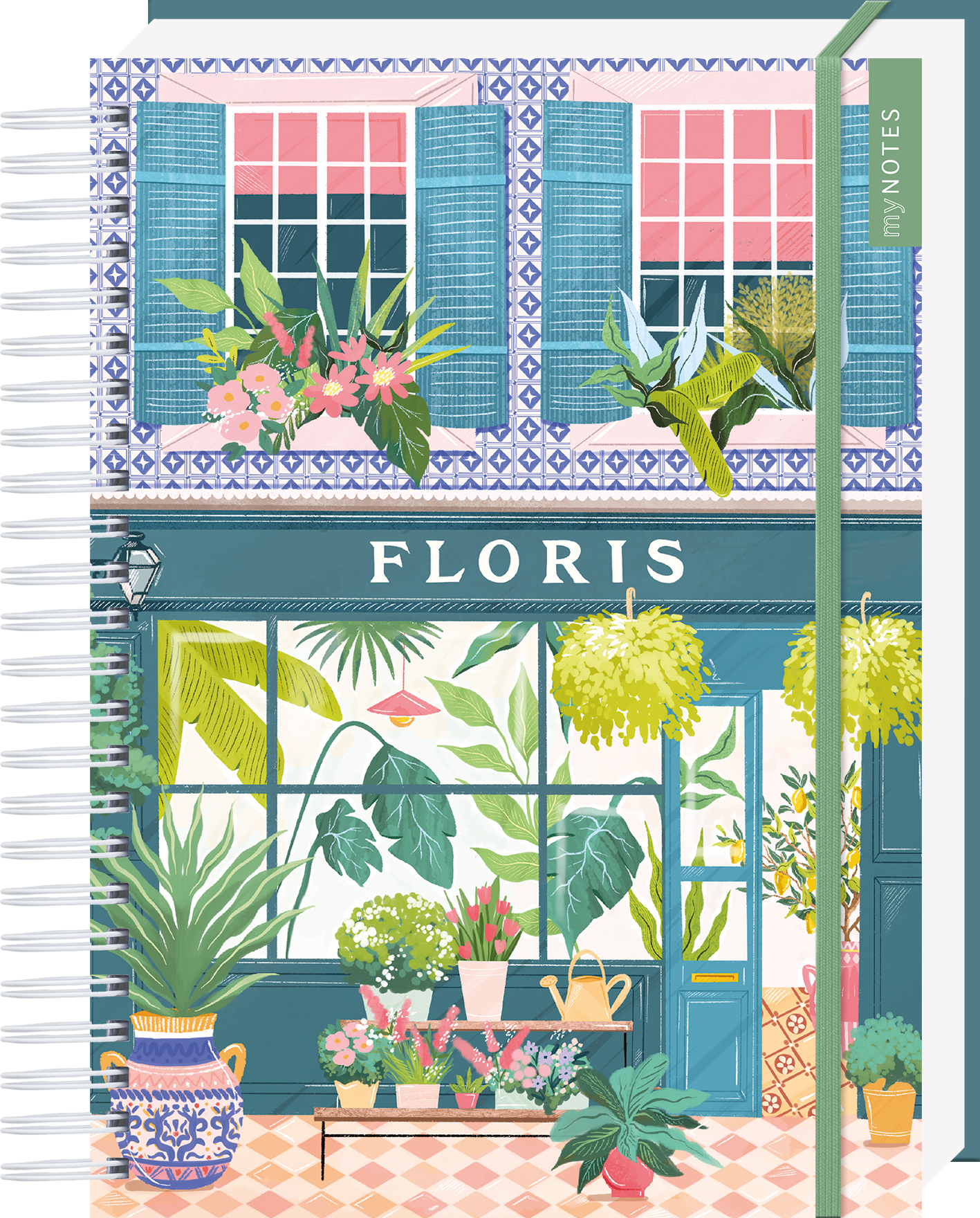 Das Buchcover zeigt eine charmante, blühende Fensterfront eines Ladens mit der Aufschrift „FLORIS“ in großen, weißen Buchstaben. Die Fassade ist in sanften Blau- und Rosatönen gehalten, während üppige Pflanzen und Blumen vor einem hellen Hintergrund florieren. Der stilvolle, detailreiche Druck strahlt ein Gefühl von Frische und Lebensfreude aus. Ganz oben mittig steht der Logoschriftzug von arsEdition.