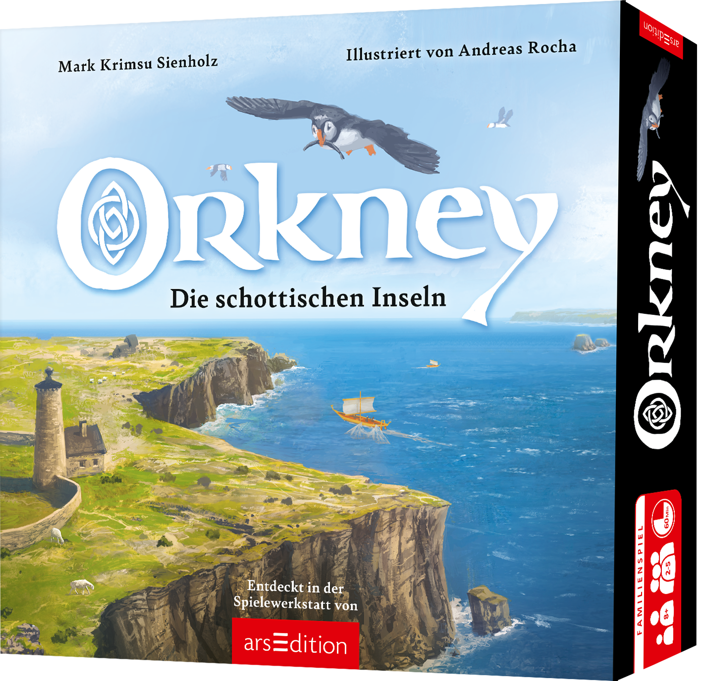 „Orkney“ in großer weißer Serifenschrift mittig oben, darunter „Die schottischen Inseln“ in schwarzer Serifenschrift. Illustration einer sonnigen Klippenküste mit Leuchtturm links, einem Segelboot auf blauem Meer und einem Papageitaucher über dem Titel. Helle Blau und Grün dominieren, ruhige einladende Atmosphäre. Oben links Autor Mark Krimsu Sienholz, oben rechts Illustriert von Andreas Rocha. Ganz unten mittig steht der Logoschriftzug von arsEdition.