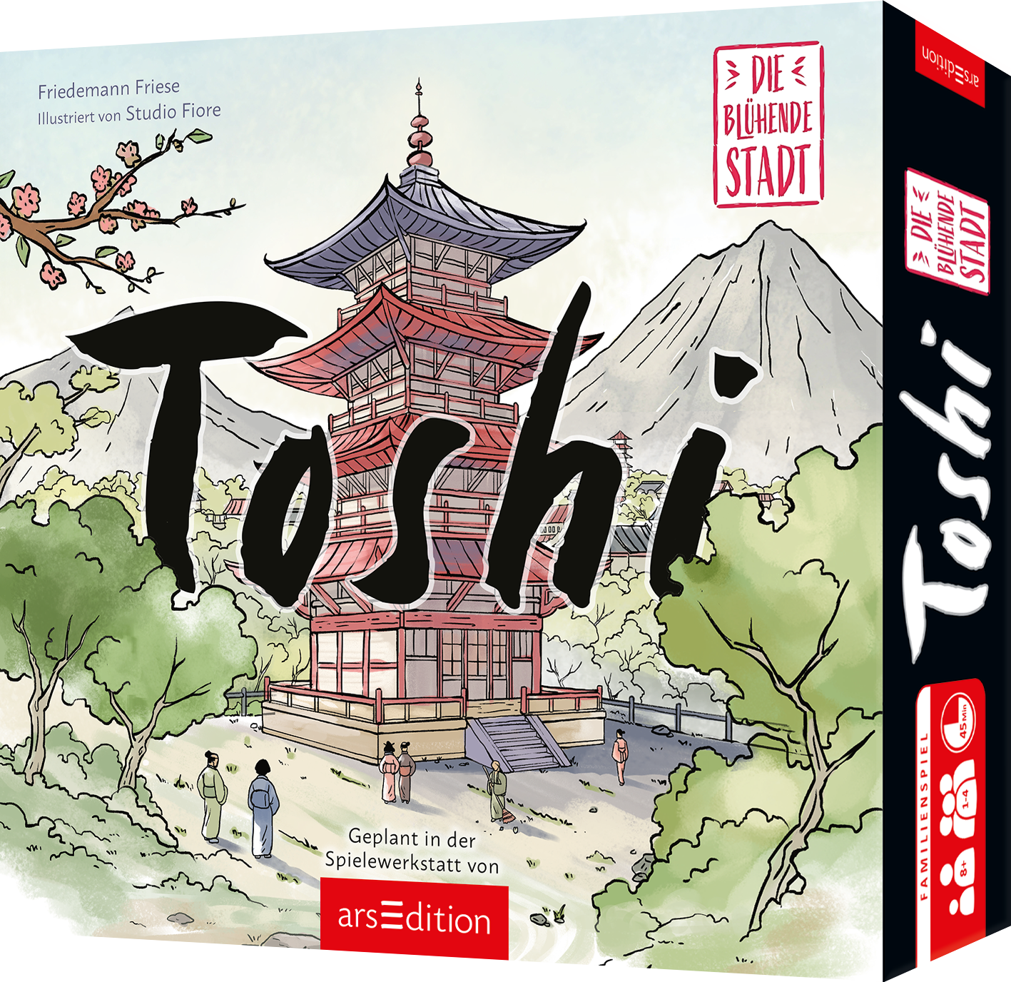 Cover zeigt eine rotweiße japanische Pagode vor pastellblauem Himmel und grauem Berg, umgeben von grünen Bäumen und einem Kirschblütenzweig. Großer schwarzer pinselartiger Titel Toshi überlagert das Bild. Kleine Figuren im Vordergrund vermitteln Ruhe. Oben rechts roter Stempel mit Schriftzug Die blühende Stadt. Autorennennung oben links Friedemann Friese, illustriert von Studio Fiore. Ganz unten mittig steht der Logoschriftzug von arsEdition.