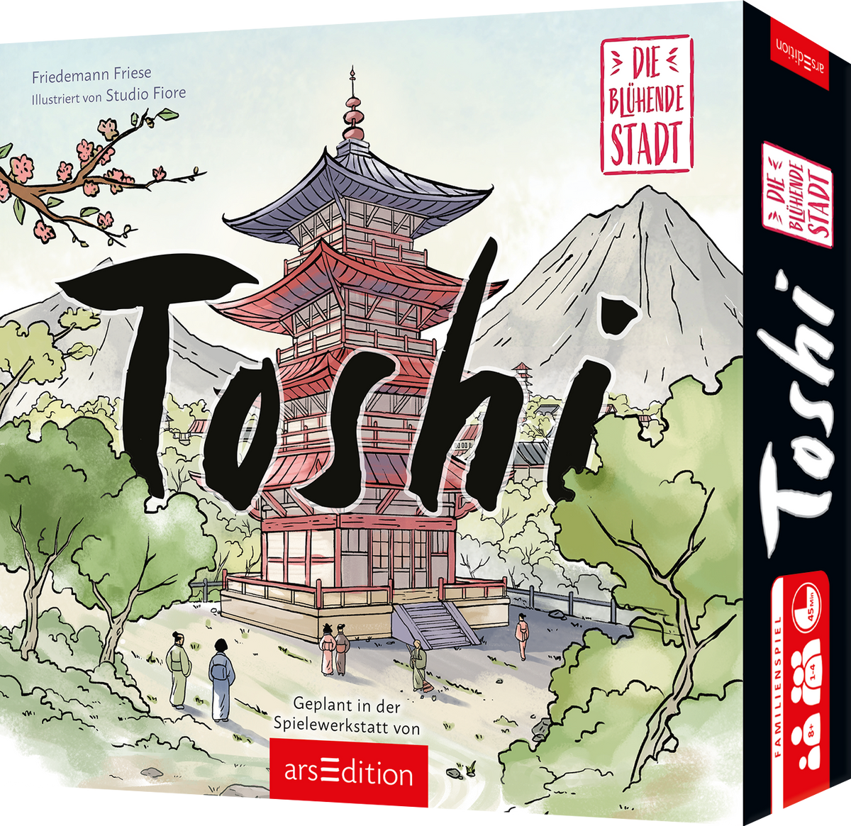 Cover zeigt eine rotweiße japanische Pagode vor pastellblauem Himmel und grauem Berg, umgeben von grünen Bäumen und einem Kirschblütenzweig. Großer schwarzer pinselartiger Titel Toshi überlagert das Bild. Kleine Figuren im Vordergrund vermitteln Ruhe. Oben rechts roter Stempel mit Schriftzug Die blühende Stadt. Autorennennung oben links Friedemann Friese, illustriert von Studio Fiore. Ganz unten mittig steht der Logoschriftzug von arsEdition.