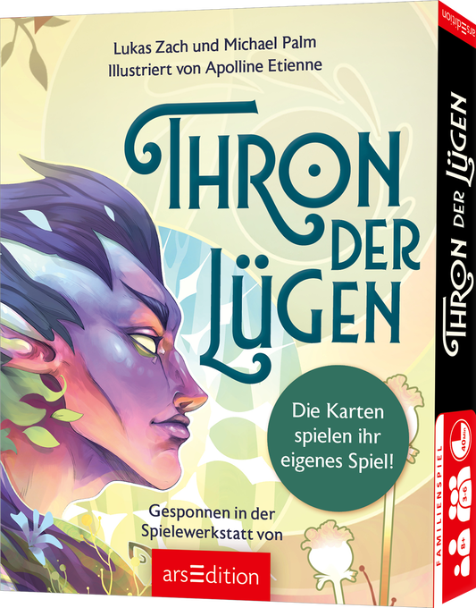 Cover zeigt links ein verträumt wirkendes, purpur und türkisfarbenes Fabelwesen im Profil vor hellgrünem, ornamentalen Hintergrund. Titel „Thron der Lügen“ groß in geschwungener türkisfarbener Schrift. Oben Autorenangabe Lukas Zach und Michael Palm, darunter Illustriert von Apolline Etienne. Grüner Kreis mit Text „Die Karten spielen ihr eigenes Spiel!“. Verspielt geheimnisvolle, märchenhafte Atmosphäre. Ganz unten mittig steht der Logoschriftzug von arsEdition.