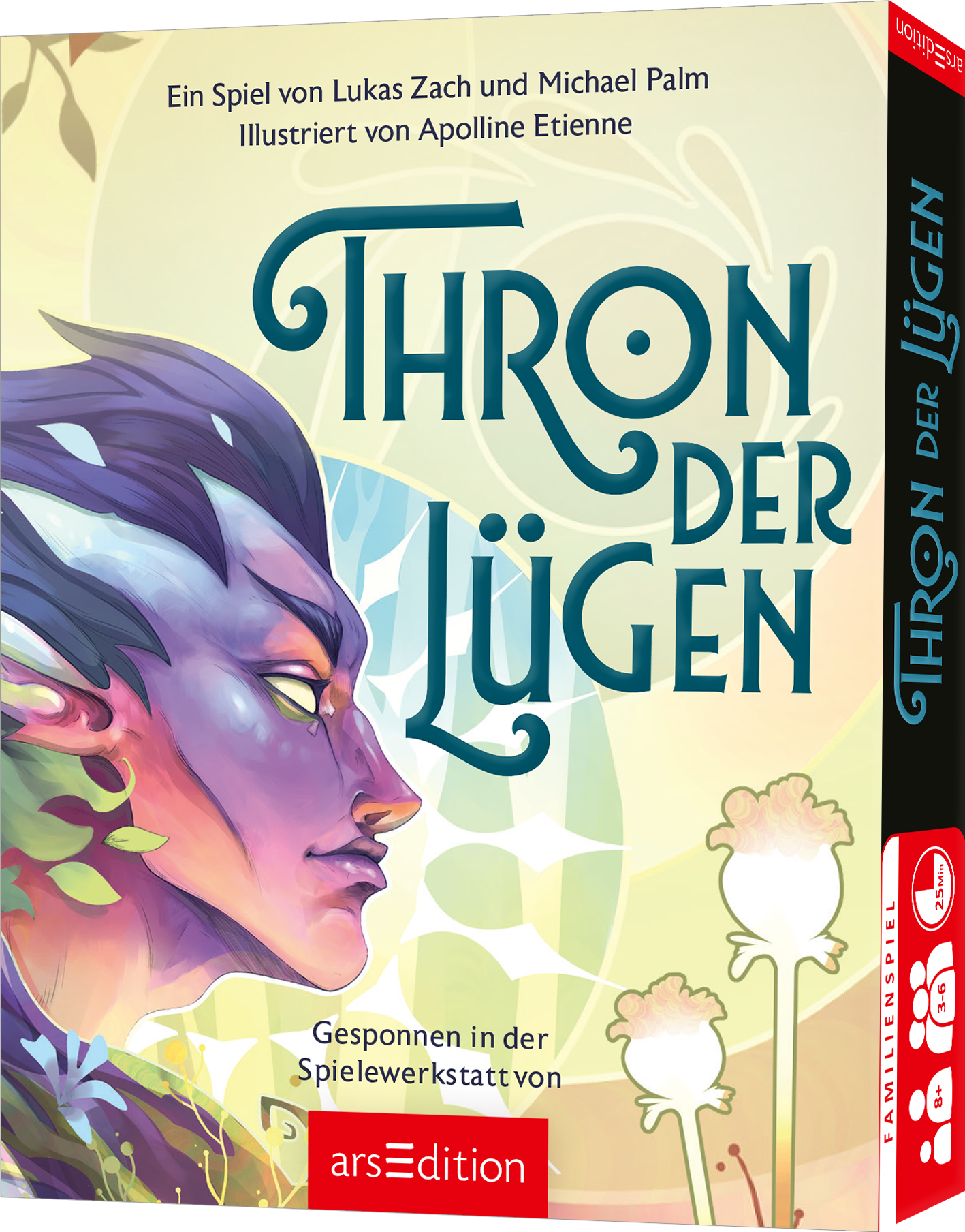 Das Buchcover zeigt einen mystischen Charakter mit lila Haut und spitzen Ohren, der nachdenklich in die Ferne blickt. Die Farben sind lebendig, mit einem sanften Hintergrund in Pastelltönen. Der Titel „THRON DER LÜGEN“ ist in großen, geschwungenen Buchstaben in einer eleganten Schriftart oben platziert. Ein roter Button mit dem Text „SPIEGEL-Bestseller“ befindet sich in der oberen linken Ecke. Ganz unten mittig steht der Logoschriftzug von arsEdition.
