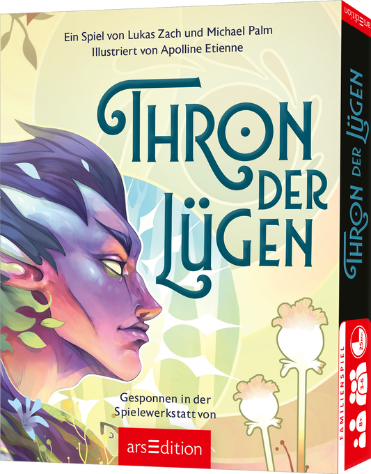 Das Buchcover zeigt einen mystischen Charakter mit lila Haut und spitzen Ohren, der nachdenklich in die Ferne blickt. Die Farben sind lebendig, mit einem sanften Hintergrund in Pastelltönen. Der Titel „THRON DER LÜGEN“ ist in großen, geschwungenen Buchstaben in einer eleganten Schriftart oben platziert. Ein roter Button mit dem Text „SPIEGEL-Bestseller“ befindet sich in der oberen linken Ecke. Ganz unten mittig steht der Logoschriftzug von arsEdition.