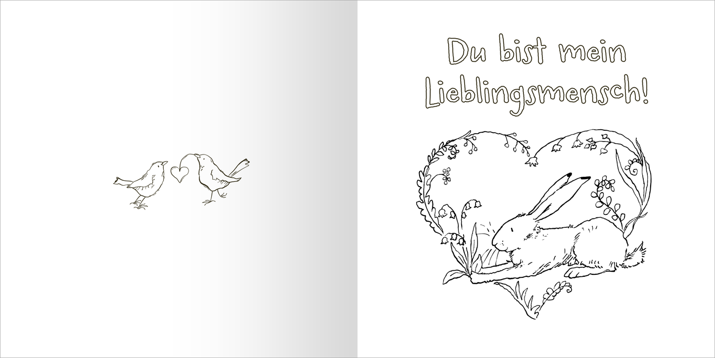 Gezeigt wird eine Innen- oder Zusatzansicht von „Weißt du eigentlich, wie gerne ich mit dir ausmale?“. Auf der linken Seite sind zwei Vögel in einer zarten Umrandung zu sehen, die ein Herz bilden. Die rechte Seite zeigt eine verspielte, gezeichnete Szene mit einem Hasen, der auf einer Blumenwiese sitzt, umrahmt von einem herzförmigen Muster. Der Text „Du bist mein Lieblingsmensch!“ ist in einer freundlichen, handschriftlichen Schriftart in kräftigem Gelb gestaltet.