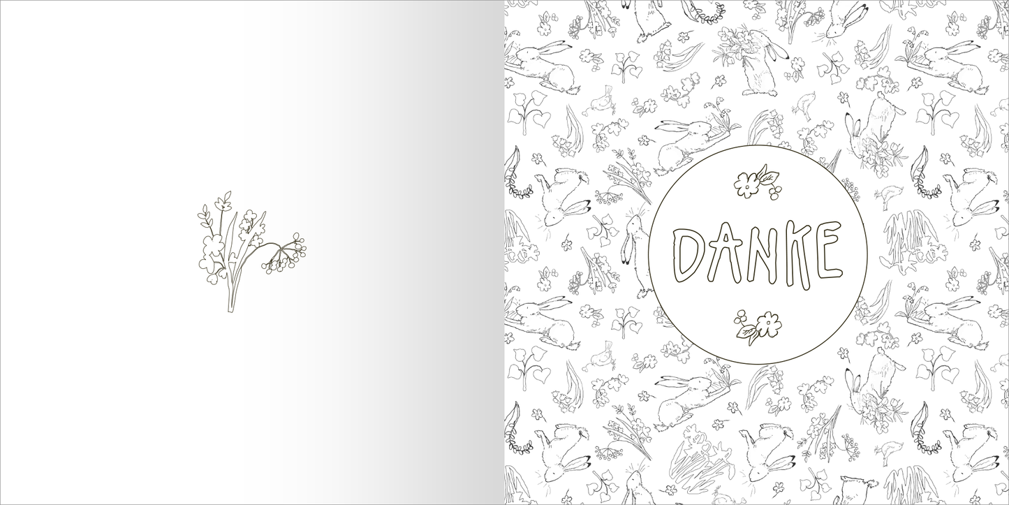 Gezeigt wird eine Innen- oder Zusatzansicht von „Weißt du eigentlich, wie gerne ich mit dir ausmale?“. Die linke Seite ist minimalistisch gestaltet mit einer zarten Zeichnung von Blüten und einer sanften Farbverlauf-Textur. Die rechte Seite zeigt ein lebhaftes, wiederholendes Muster mit niedlichen Tieren und Pflanzen in Schwarz-Weiß, umrahmt von einem großen, runden Element mit dem Wort „DANKE“ in verspielter, handschriftlicher Typografie.