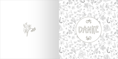 Gezeigt wird eine Innen- oder Zusatzansicht von „Weißt du eigentlich, wie gerne ich mit dir ausmale?“. Die linke Seite ist minimalistisch gestaltet mit einer zarten Zeichnung von Blüten und einer sanften Farbverlauf-Textur. Die rechte Seite zeigt ein lebhaftes, wiederholendes Muster mit niedlichen Tieren und Pflanzen in Schwarz-Weiß, umrahmt von einem großen, runden Element mit dem Wort „DANKE“ in verspielter, handschriftlicher Typografie.