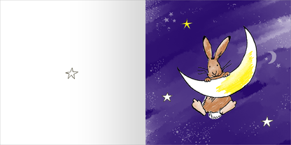 Gezeigt wird eine Innen- oder Zusatzansicht von „Weißt du eigentlich, wie gerne ich mit dir ausmale?“. Die Illustration zeigt einen niedlichen Hasen, der auf einem großen, gelben Halbmond sitzt und lächelnd die Beine baumeln lässt. Der Hintergrund ist in einem tiefen Lila gehalten, durchzogen von Sternen und einem sanften Farbverlauf. Die Typografie ist verspielt und kindgerecht, passend zur verträumten Stimmung der Szene.