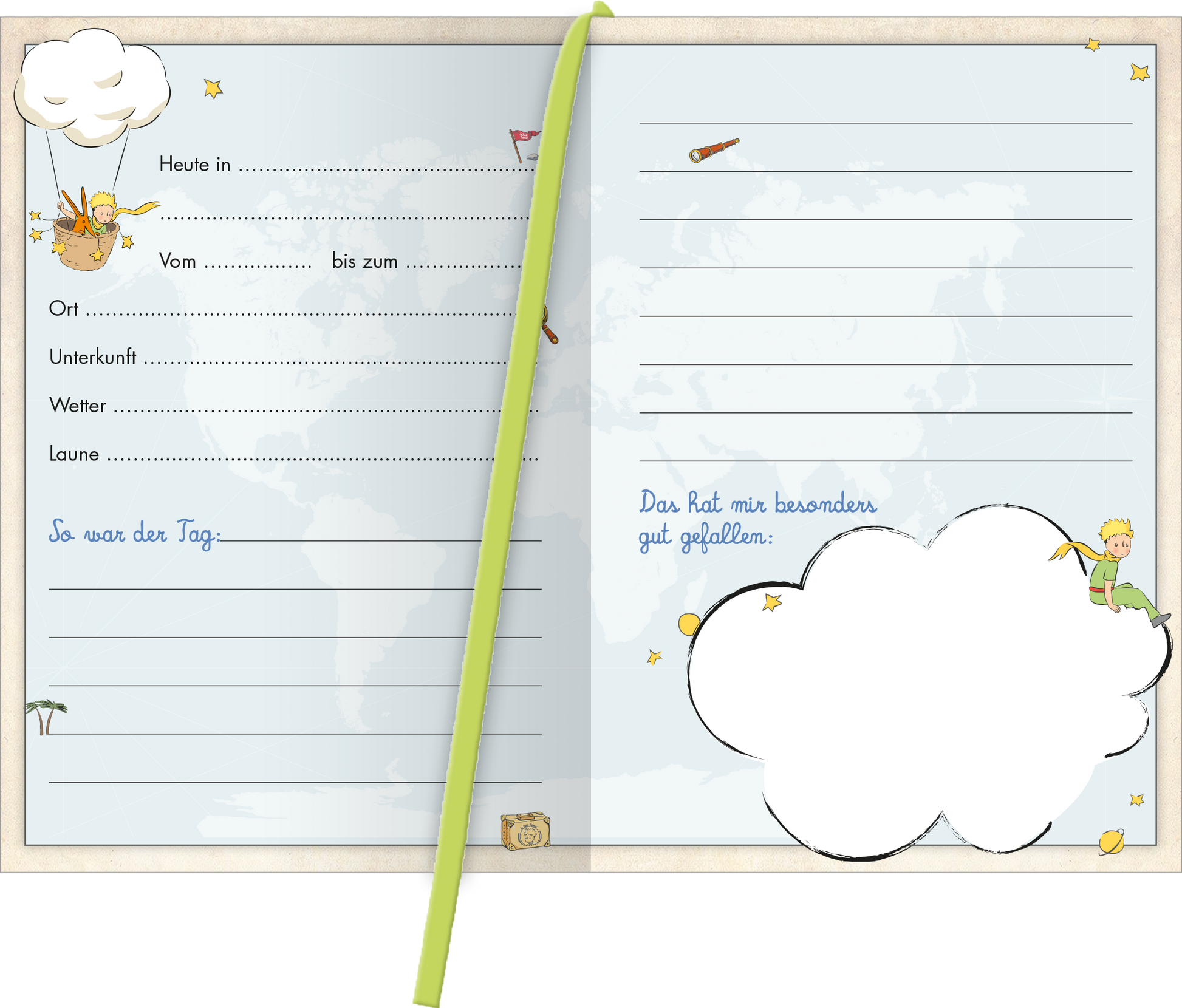 Gezeigt wird eine Innen- oder Zusatzansicht von „Mit dem kleinen Prinzen auf Reisen“. Die Seite ist in sanften Blautönen gehalten, mit Illustrationen von Wolken und dem kleinen Prinzen, der auf einer Wolke sitzt. Links befinden sich klare, linierte Felder für Einträge zu „Heute in“, „Ort“, „Unterkunft“ und weiteren Angaben. Auf der rechten Seite ist ein weiteres, leerer Bereich für persönliche Notizen mit einem verschnörkelten Rahmen. Die Schrift ist freundlich und gut...
