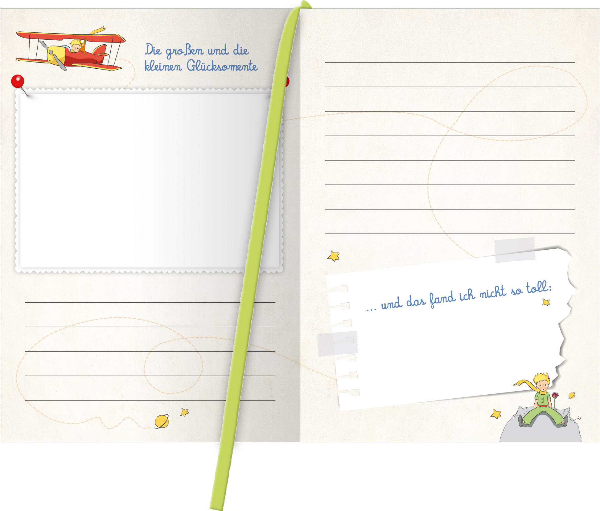 Gezeigt wird eine Innen- oder Zusatzansicht von „Mit dem kleinen Prinzen auf Reisen“. Die Seite ist sanft beige mit dezenten, hellen Illustrationen. Links befindet sich ein leerer Bereich für Notizen, umrahmt von einem nostalgischen, gewellten Rahmen. Darüber steht in blauer Schrift „Die großen und die kleinen Glücksmomente“. Auf der rechten Seite sind liniierte Notizen in Blau, ergänzt durch eine Skizze des kleinen Prinzen, der auf einem Planeten steht, und ein abgerissener,...