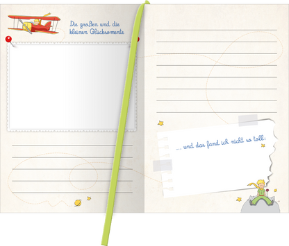 Gezeigt wird eine Innen- oder Zusatzansicht von „Mit dem kleinen Prinzen auf Reisen“. Die Seite ist sanft beige mit dezenten, hellen Illustrationen. Links befindet sich ein leerer Bereich für Notizen, umrahmt von einem nostalgischen, gewellten Rahmen. Darüber steht in blauer Schrift „Die großen und die kleinen Glücksmomente“. Auf der rechten Seite sind liniierte Notizen in Blau, ergänzt durch eine Skizze des kleinen Prinzen, der auf einem Planeten steht, und ein abgerissener,...