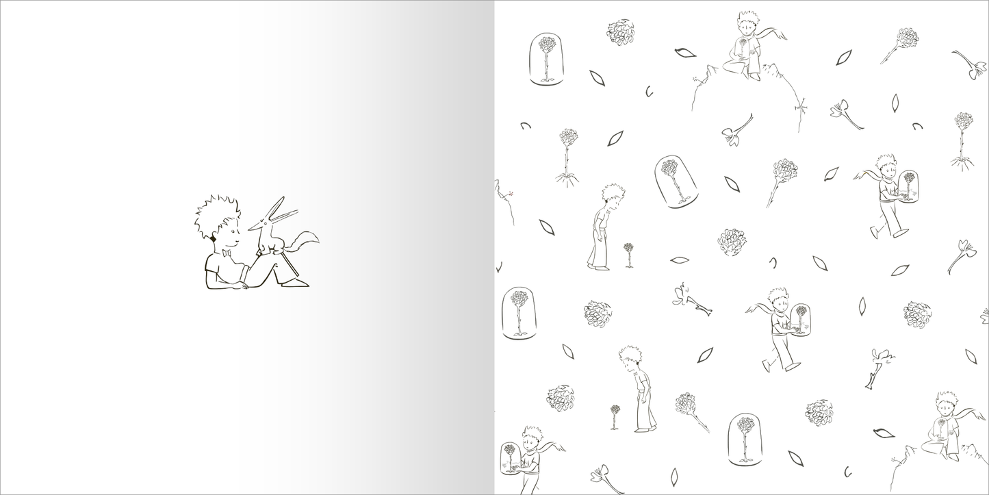 Gezeigt wird eine Innen- oder Zusatzansicht von „Ausmal-Momente mit dem kleinen Prinzen“. Auf der linken Seite ist eine minimalistische, schwarz-weiße Zeichnung eines Jungen mit einem Hasen zu sehen, während die rechte Seite ein Muster aus verschiedenen Illustrationen zeigt, darunter Figuren aus der Geschichte und botanische Motive. Die Bilder sind sorgfältig in klaren, umreißenden Linien gestaltet, die eine einladende und kreative Atmosphäre schaffen.