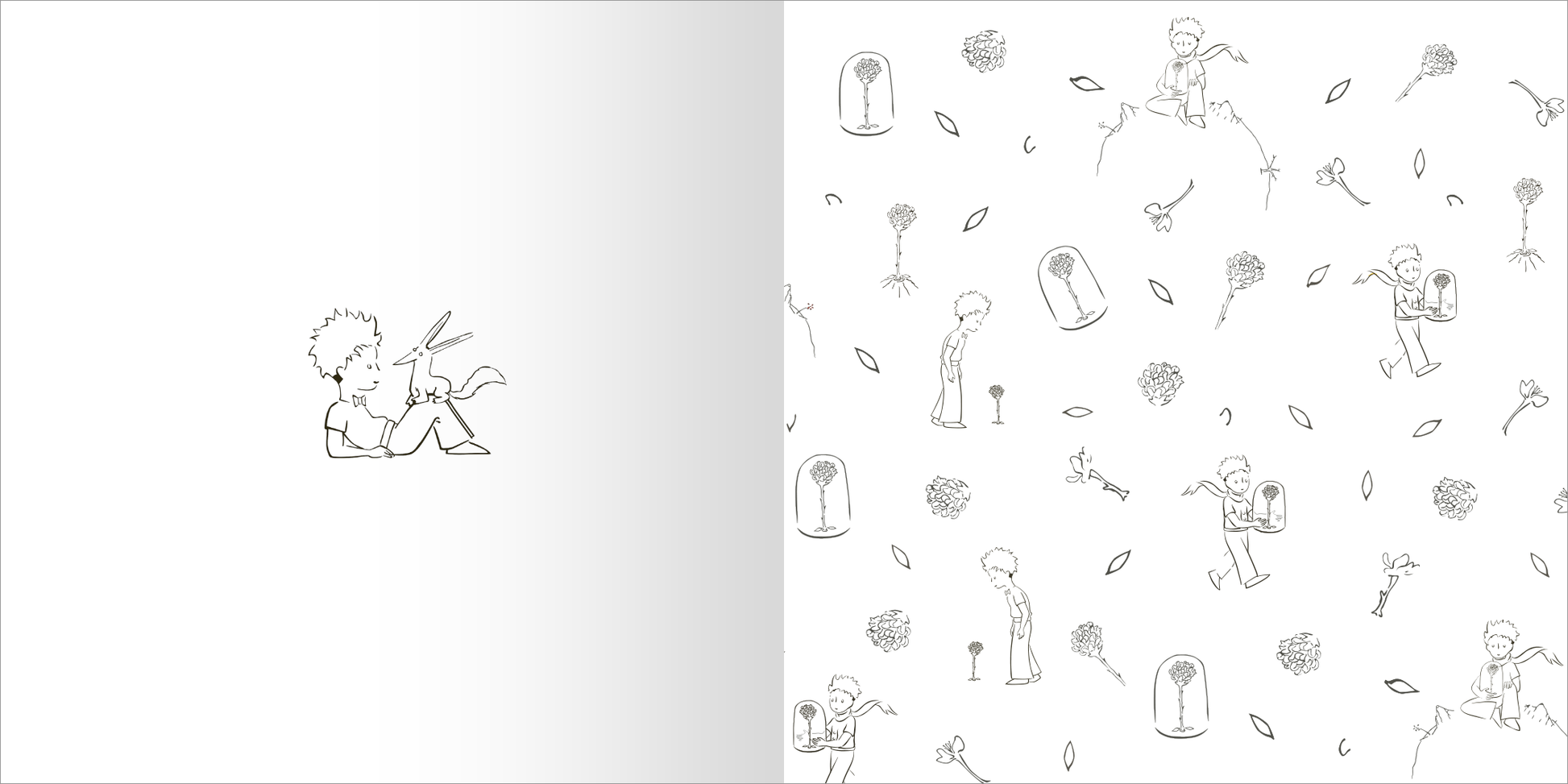 Gezeigt wird eine Innen- oder Zusatzansicht von „Ausmal-Momente mit dem kleinen Prinzen“. Auf der linken Seite ist eine minimalistische, schwarz-weiße Zeichnung eines Jungen mit einem Hasen zu sehen, während die rechte Seite ein Muster aus verschiedenen Illustrationen zeigt, darunter Figuren aus der Geschichte und botanische Motive. Die Bilder sind sorgfältig in klaren, umreißenden Linien gestaltet, die eine einladende und kreative Atmosphäre schaffen.