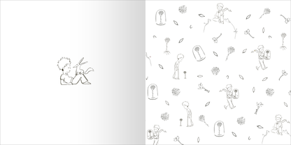 Gezeigt wird eine Innen- oder Zusatzansicht von „Ausmal-Momente mit dem kleinen Prinzen“. Auf der linken Seite ist eine minimalistische, schwarz-weiße Zeichnung eines Jungen mit einem Hasen zu sehen, während die rechte Seite ein Muster aus verschiedenen Illustrationen zeigt, darunter Figuren aus der Geschichte und botanische Motive. Die Bilder sind sorgfältig in klaren, umreißenden Linien gestaltet, die eine einladende und kreative Atmosphäre schaffen.