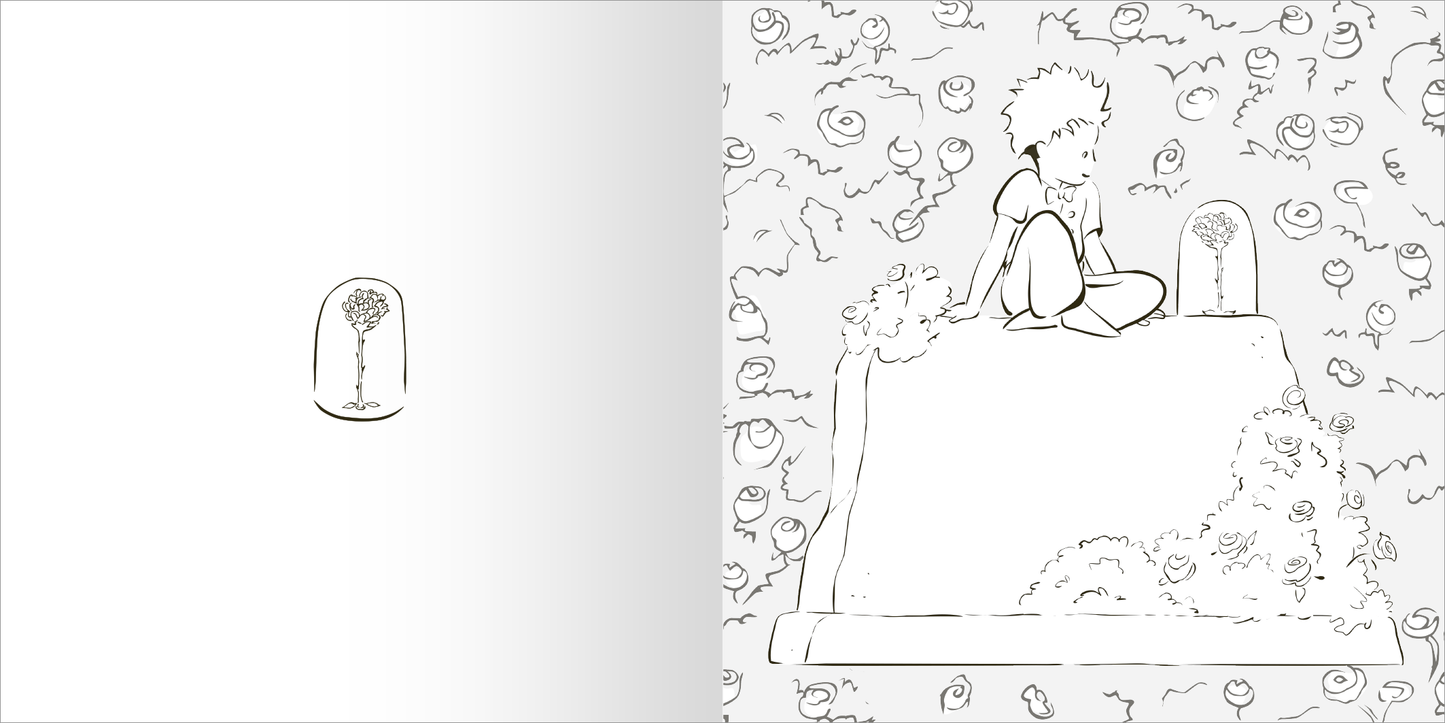 Gezeigt wird eine Innen- oder Zusatzansicht von „Ausmal-Momente mit dem kleinen Prinzen“. Die Seite zeigt eine skizzenhafte Darstellung des kleinen Prinzen in einem Boot, umgeben von leuchtenden Sternen. Er trägt einen Schal und hat einen nachdenklichen Ausdruck. Die Linien sind klar und dunkel auf einem hellen Hintergrund, was die Farblosigkeit für das Ausmalen betont. Die Schrift ist einfach und gut lesbar, ideal für Kinder.