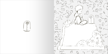 Gezeigt wird eine Innen- oder Zusatzansicht von „Ausmal-Momente mit dem kleinen Prinzen“. Die Seite zeigt eine skizzenhafte Darstellung des kleinen Prinzen in einem Boot, umgeben von leuchtenden Sternen. Er trägt einen Schal und hat einen nachdenklichen Ausdruck. Die Linien sind klar und dunkel auf einem hellen Hintergrund, was die Farblosigkeit für das Ausmalen betont. Die Schrift ist einfach und gut lesbar, ideal für Kinder.