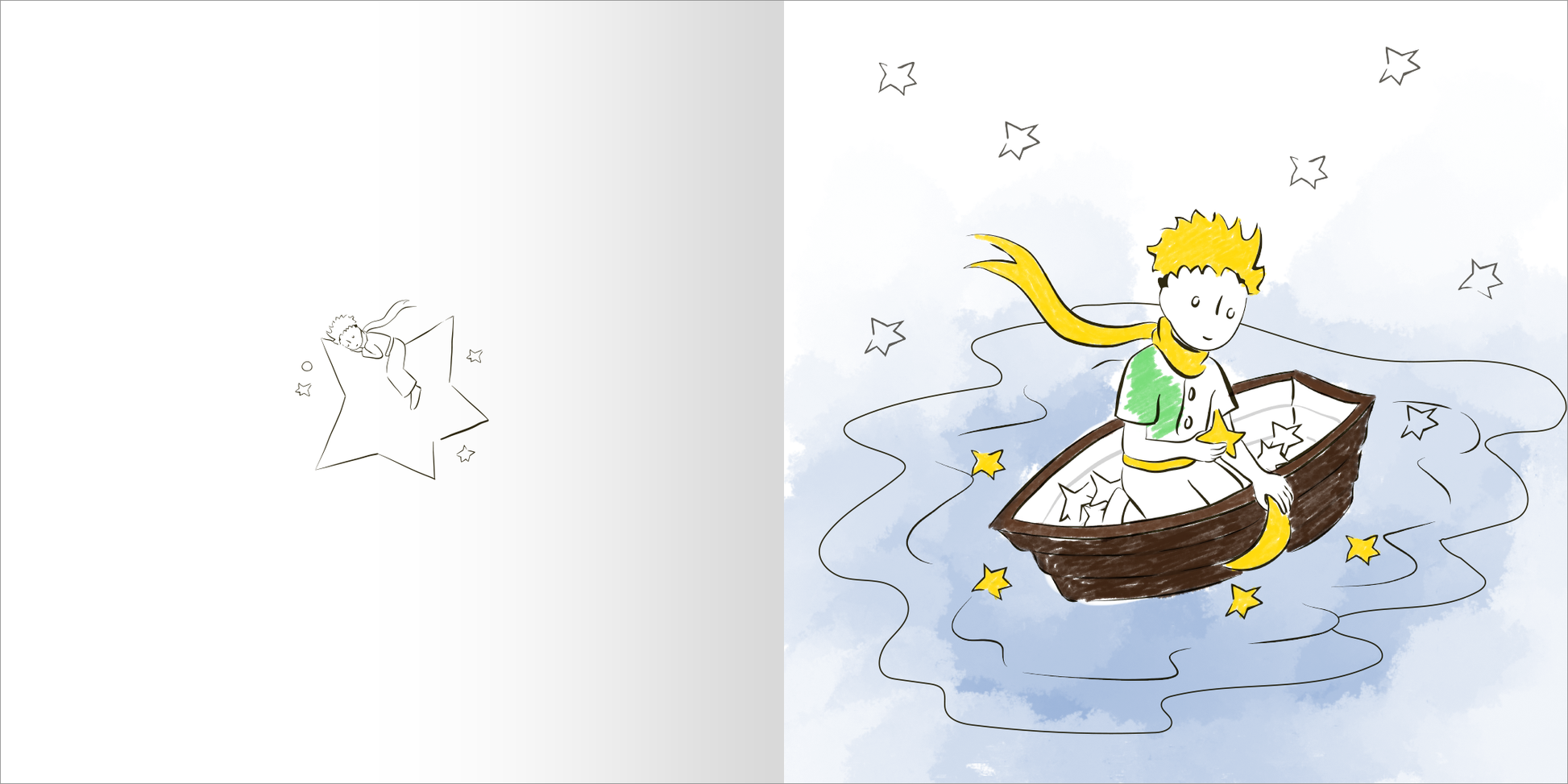 Gezeigt wird eine Innen- oder Zusatzansicht von „Ausmal-Momente mit dem kleinen Prinzen“. Die Seite zeigt eine einladende Schwarz-Weiß-Zeichnung, die den kleinen Prinzen zeigt, wie er mit einem Tiger schmust. Die Schrift „Freundschaft“ ist großzügig und verspielt in einem klaren, leicht geschwungenen Stil gehalten. Der Hintergrund bleibt schlicht, um die Figuren und die zentrale Botschaft der Freundschaft zu betonen. Die Linien sind klar und präzise, ideal für Ausmalaktivitäten.