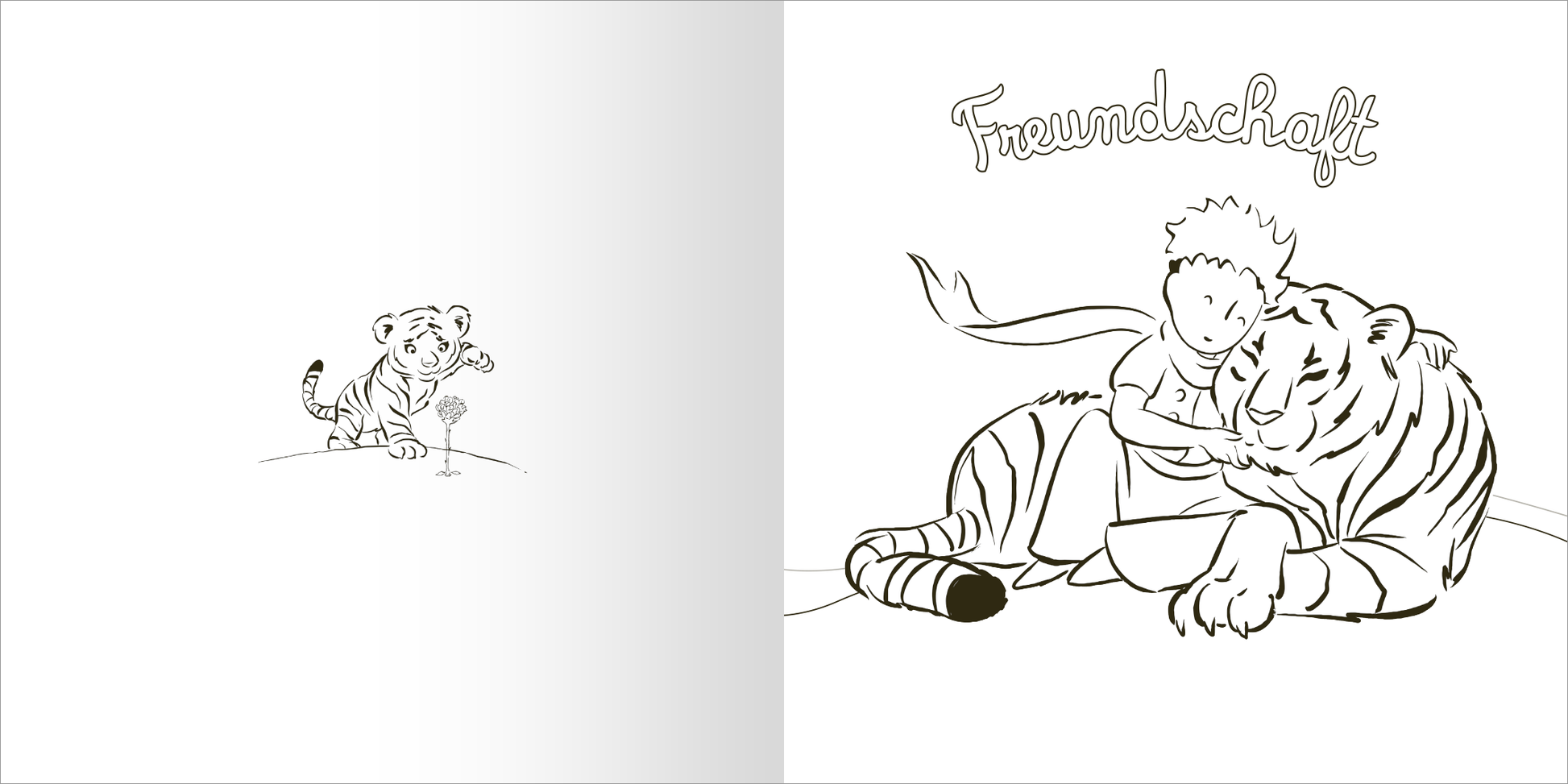 Gezeigt wird eine Innen- oder Zusatzansicht von „Ausmal-Momente mit dem kleinen Prinzen“. Die Seite präsentiert einen bunten Hintergrund voller skizzenhafter Motive, darunter Luftballons, Kompasse und Herzen. Die Verwendung von Schwarz-Weiß-Zeichnungen bietet einen klaren Kontrast, der die fantasievollen Elemente betont. In der Mitte befindet sich eine Kamera mit einem Porträt der Hauptfigur. Die verspielte Typografie unterstreicht den kreativen Charakter des Buches.