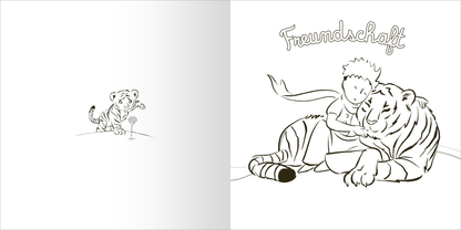 Gezeigt wird eine Innen- oder Zusatzansicht von „Ausmal-Momente mit dem kleinen Prinzen“. Die Seite präsentiert einen bunten Hintergrund voller skizzenhafter Motive, darunter Luftballons, Kompasse und Herzen. Die Verwendung von Schwarz-Weiß-Zeichnungen bietet einen klaren Kontrast, der die fantasievollen Elemente betont. In der Mitte befindet sich eine Kamera mit einem Porträt der Hauptfigur. Die verspielte Typografie unterstreicht den kreativen Charakter des Buches.