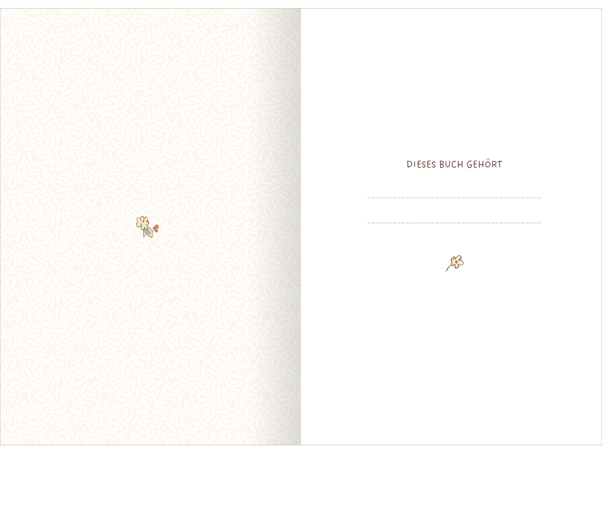 Gezeigt wird eine Innen- oder Zusatzansicht von „Weißt du eigentlich, wie lieb ich dich hab? Unsere schönsten Momente“. Die Seite zeigt einen sanften, hellen Hintergrund mit einem feinen, strukturierten Muster. Links befindet sich eine zarte, handgezeichnete Fliederblüte, während die rechte Seite den Aufdruck „DIESES BUCH GEHÖRT“ in einer eleganten, leicht verspielten Schriftart zeigt. Darunter sind Platzlinien für persönliche Eintragungen. Die Farben sind warm und einladend,...