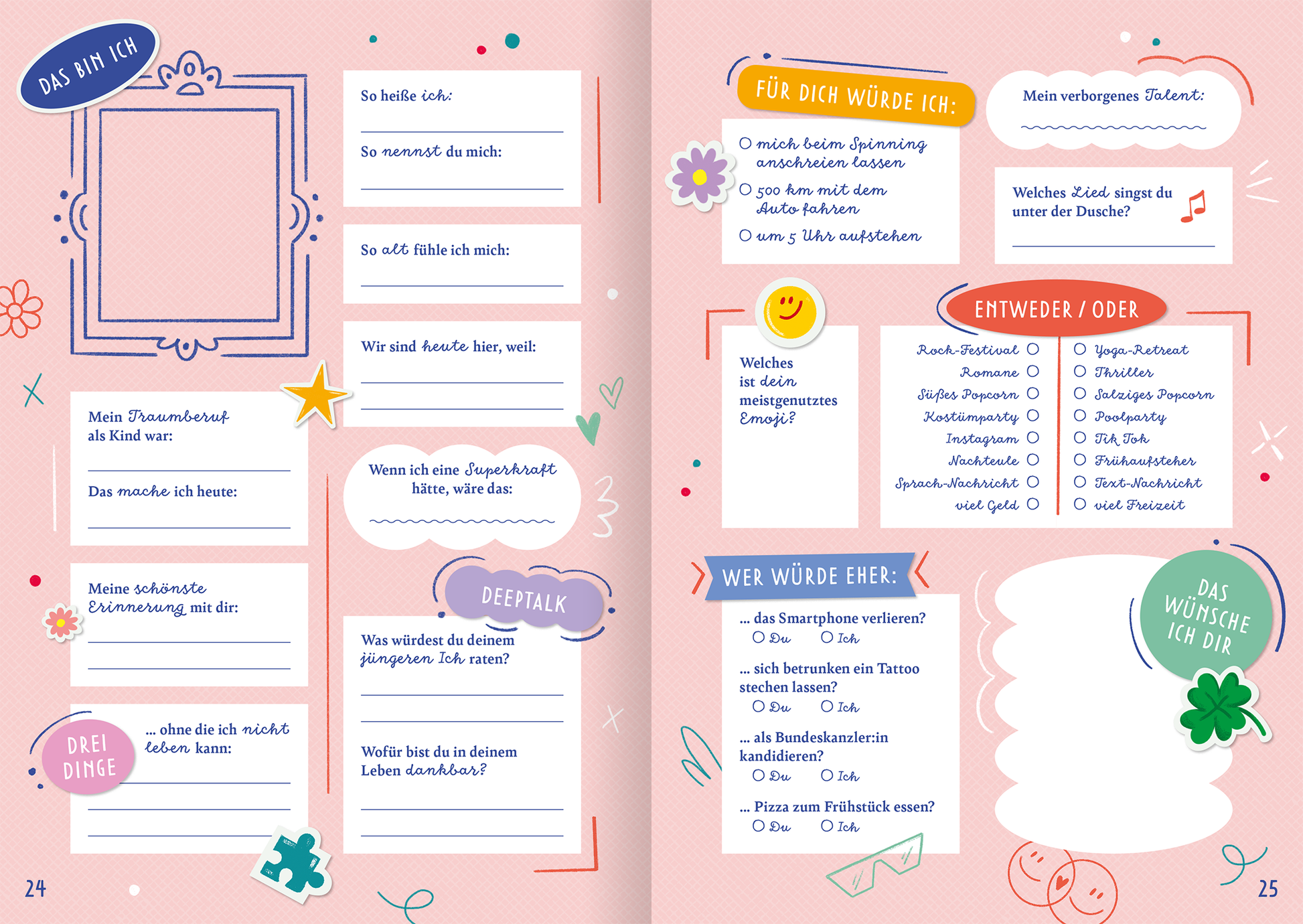 Gezeigt wird eine Innenansicht von „Ein Cheers auf uns“. Die Doppelseite ist in zarten Rosa- und Pastelltönen gestaltet, mit einer verspielten Schriftart. Sie enthält unterschiedliche Textfelder zur persönlichen Gestaltung und Fragen wie „Das bin ich“ und „Für dich würde ich“. Bunte Illustrationen von Sternen, Herzen und Blumen ergänzen das Layout. Die Elemente sind ansprechend angeordnet und fördern die Interaktivität, während sie eine freundliche Atmosphäre schaffen.