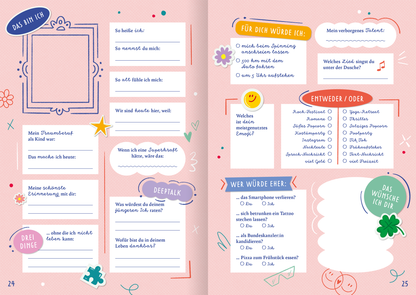 Gezeigt wird eine Innenansicht von „Ein Cheers auf uns“. Die Doppelseite ist in zarten Rosa- und Pastelltönen gestaltet, mit einer verspielten Schriftart. Sie enthält unterschiedliche Textfelder zur persönlichen Gestaltung und Fragen wie „Das bin ich“ und „Für dich würde ich“. Bunte Illustrationen von Sternen, Herzen und Blumen ergänzen das Layout. Die Elemente sind ansprechend angeordnet und fördern die Interaktivität, während sie eine freundliche Atmosphäre schaffen.
