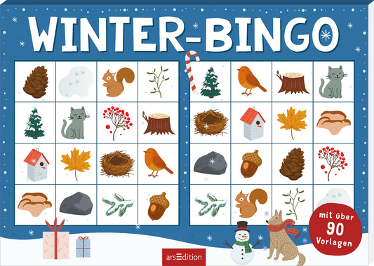 Das Cover von „WINTER-BINGO“ zeigt ein fröhliches, winterliches Spiel-Layout auf einem blauen Hintergrund. Die große, weiße Schrift betont den Titel. In einem Raster sind verschiedene winterliche Motive abgebildet, darunter ein Eichhörnchen, ein Vogel und ein Tannenbaum. Die Illustration ist bunt und lebhaft, untermalt von Schneeflocken. In der unteren rechten Ecke befindet sich ein roter Button mit dem Text „mit über 90 Vorlagen“. Ganz unten mittig steht der Logoschriftzug von...