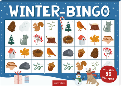 Das Cover von „WINTER-BINGO“ zeigt ein fröhliches, winterliches Spiel-Layout auf einem blauen Hintergrund. Die große, weiße Schrift betont den Titel. In einem Raster sind verschiedene winterliche Motive abgebildet, darunter ein Eichhörnchen, ein Vogel und ein Tannenbaum. Die Illustration ist bunt und lebhaft, untermalt von Schneeflocken. In der unteren rechten Ecke befindet sich ein roter Button mit dem Text „mit über 90 Vorlagen“. Ganz unten mittig steht der Logoschriftzug von...