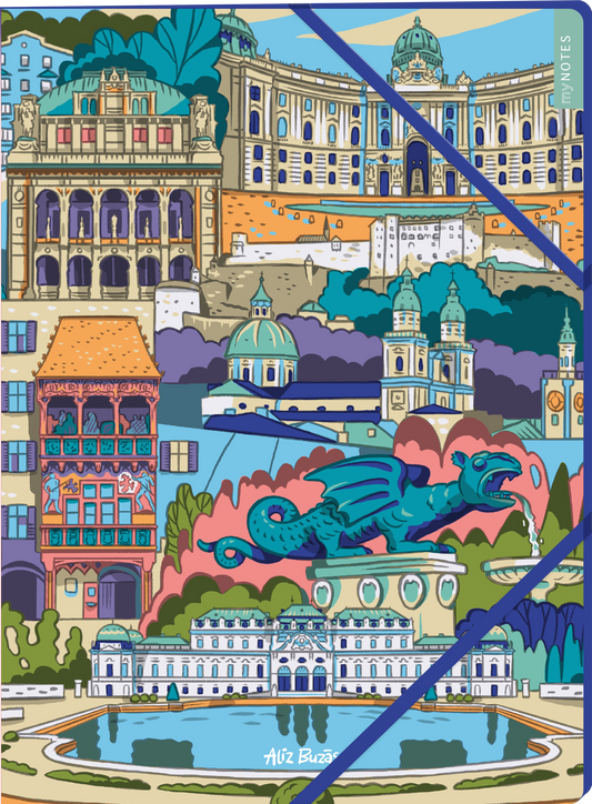 Das Buchcover zeigt eine bunte Collage von historischen Gebäuden und Denkmälern, die in lebhaften Farben illustriert sind. Zu sehen sind verschiedene Architektur-Stile, darunter ein prächtiges Schloss und eine Brunnenfigur in Form eines Drachen. Die farbenfrohe Gestaltung vermittelt eine fröhliche und einladende Atmosphäre. Oben rechts befindet sich ein kleiner Hinweis „SPIEGEL Bestseller“. Ganz unten mittig steht der Logoschriftzug von arsEdition.