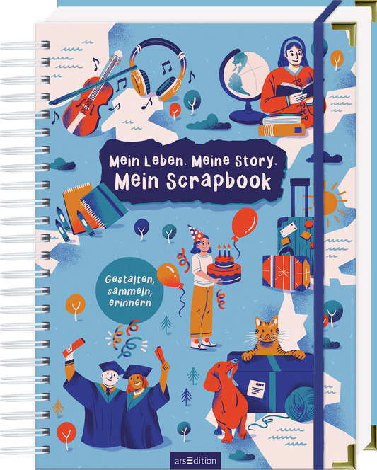 Das Buchcover zeigt eine lebendige, bunte Illustration auf hellblauem Hintergrund. Verschiedene liebevoll gestaltete Motive wie Musikinstrumente, Feiern und eine Katze umgeben den zentralen Titel „Mein Leben. Meine Story. Mein Scrapbook“ in großen weißen Buchstaben. Darunter steht in kleinerer Schrift der Untertitel „Gestalten, sammeln, erinnern“. Die Atmosphäre ist fröhlich und einladend. Ganz unten mittig steht der Logoschriftzug von arsEdition.