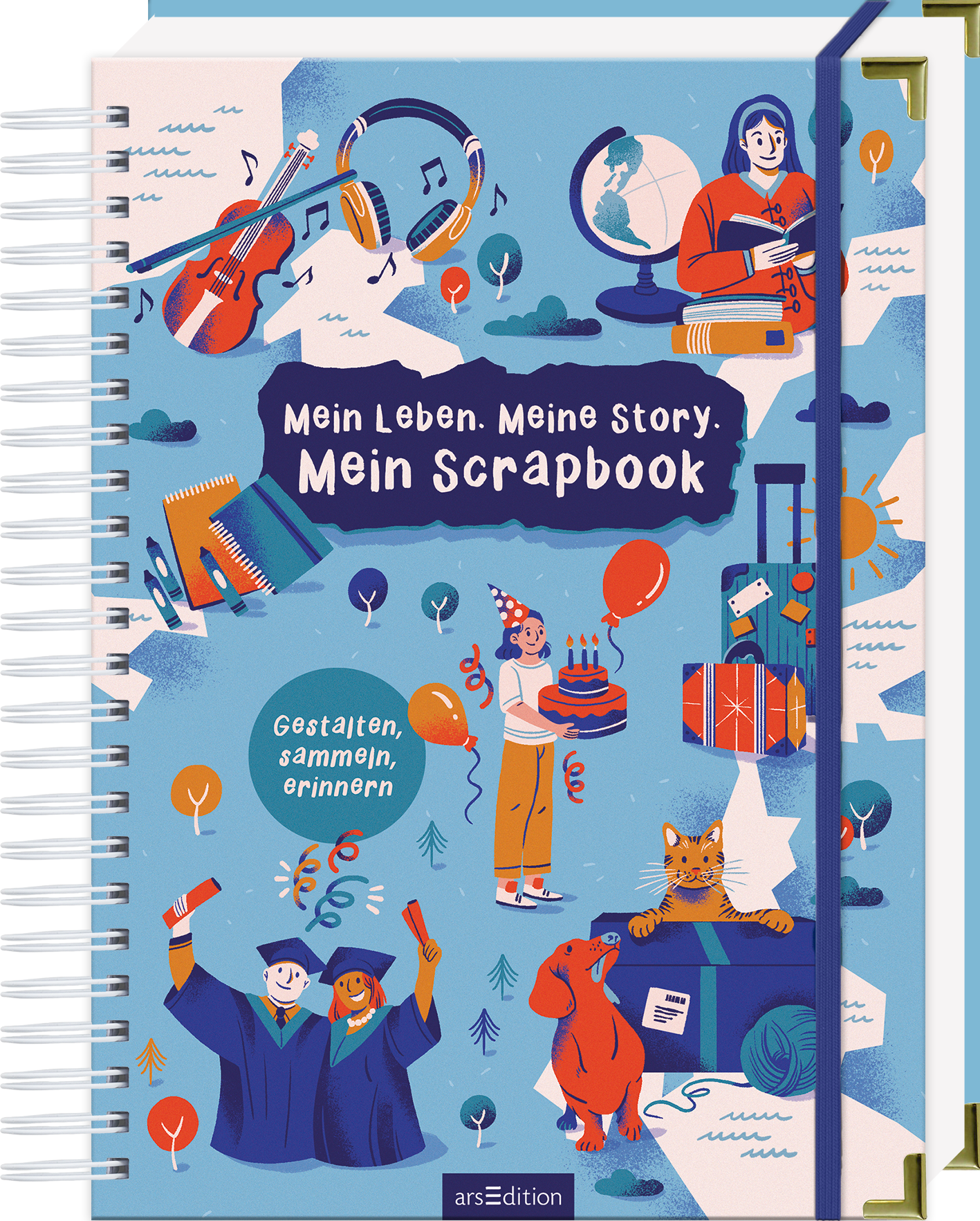 Das Buchcover zeigt eine lebendige, bunte Illustration auf hellblauem Hintergrund. Verschiedene liebevoll gestaltete Motive wie Musikinstrumente, Feiern und eine Katze umgeben den zentralen Titel „Mein Leben. Meine Story. Mein Scrapbook“ in großen weißen Buchstaben. Darunter steht in kleinerer Schrift der Untertitel „Gestalten, sammeln, erinnern“. Die Atmosphäre ist fröhlich und einladend. Ganz unten mittig steht der Logoschriftzug von arsEdition.