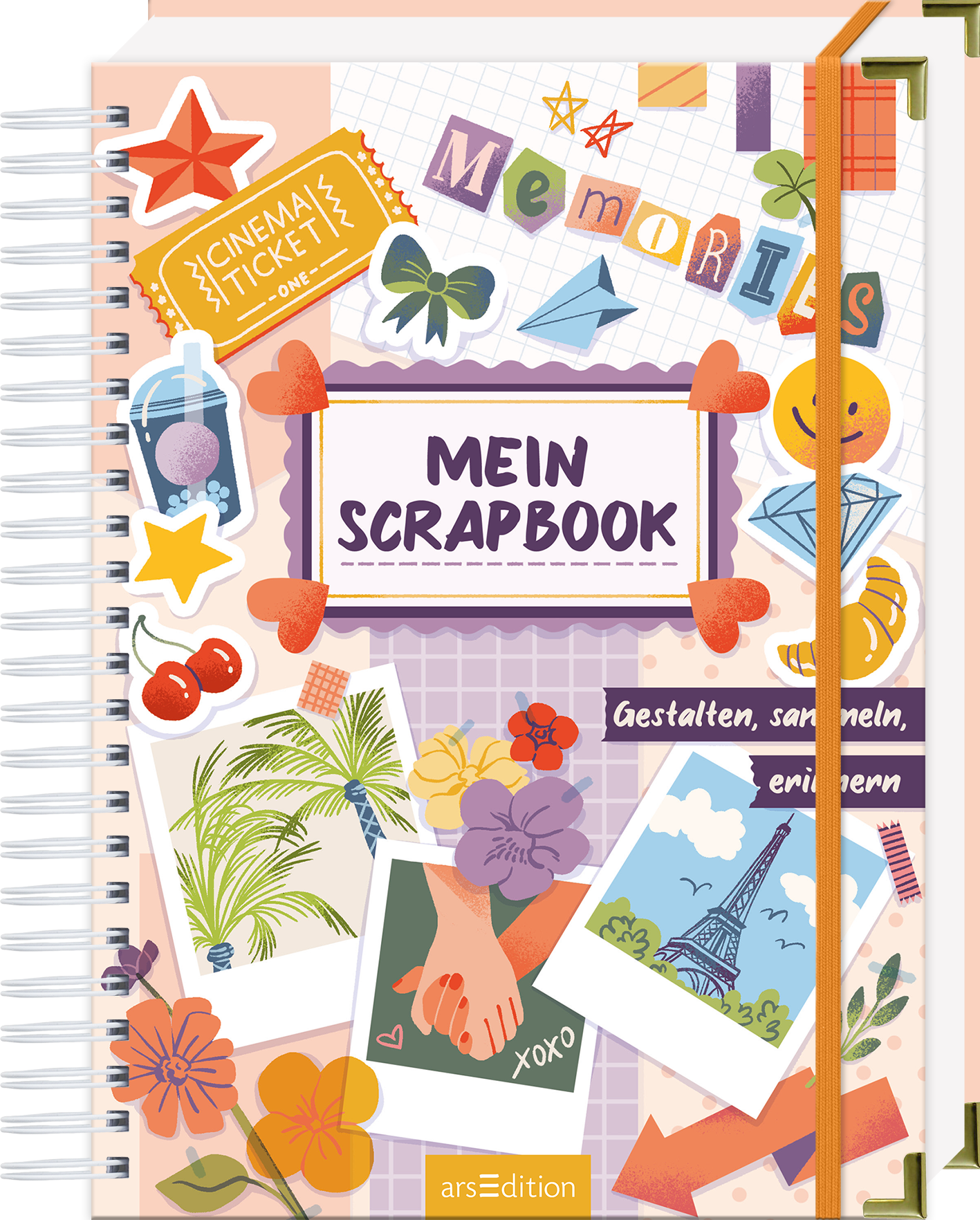 Das Buchcover zeigt einen bunten, verspielten Hintergrund mit verschiedenen Collage-Elementen. Der Titel „MEIN SCRAPBOOK“ ist in kräftiger, lila Schrift in der Mitte platziert, umgeben von bunten Aufklebern und Illustrationen wie Sternen, Pflanzen und Polaroids. Der Untertitel „Gestalten, sammeln, erinnern“ befindet sich darunter. Ein oranges Gummiband hält das Buch zusammen.  Ganz unten mittig steht der Logoschriftzug von arsEdition.