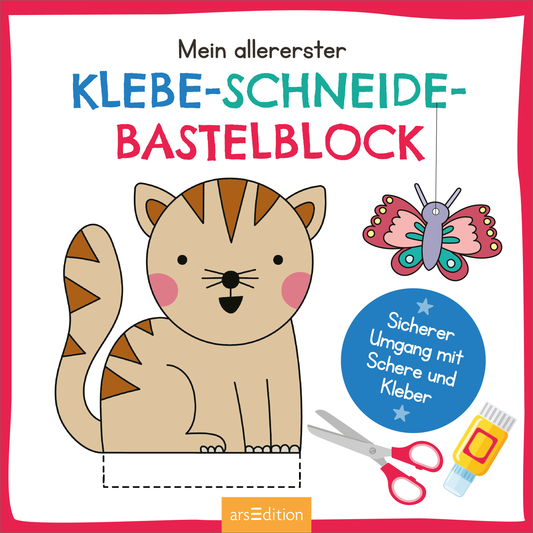 Das Buchcover zeigt eine freundliche, cartoonhafte Katze mit gestreiftem Fell in sanften Gelb- und Brauntönen, die auf einem weißen Hintergrund sitzt. Über der Katze steht in bunten, verspielten Buchstaben „Mein allererster KLEBE-SCHNEIDE-BASTELBLOCK“. Rechts oben schwebt eine farbenfrohe Schmetterling-Illustration. Unten links sind Bastelwerkzeuge abgebildet, begleitet von einem blauen Kreis mit dem Text „Sicherer Umgang mit Schere und Kleber“. Ganz unten mittig steht der...