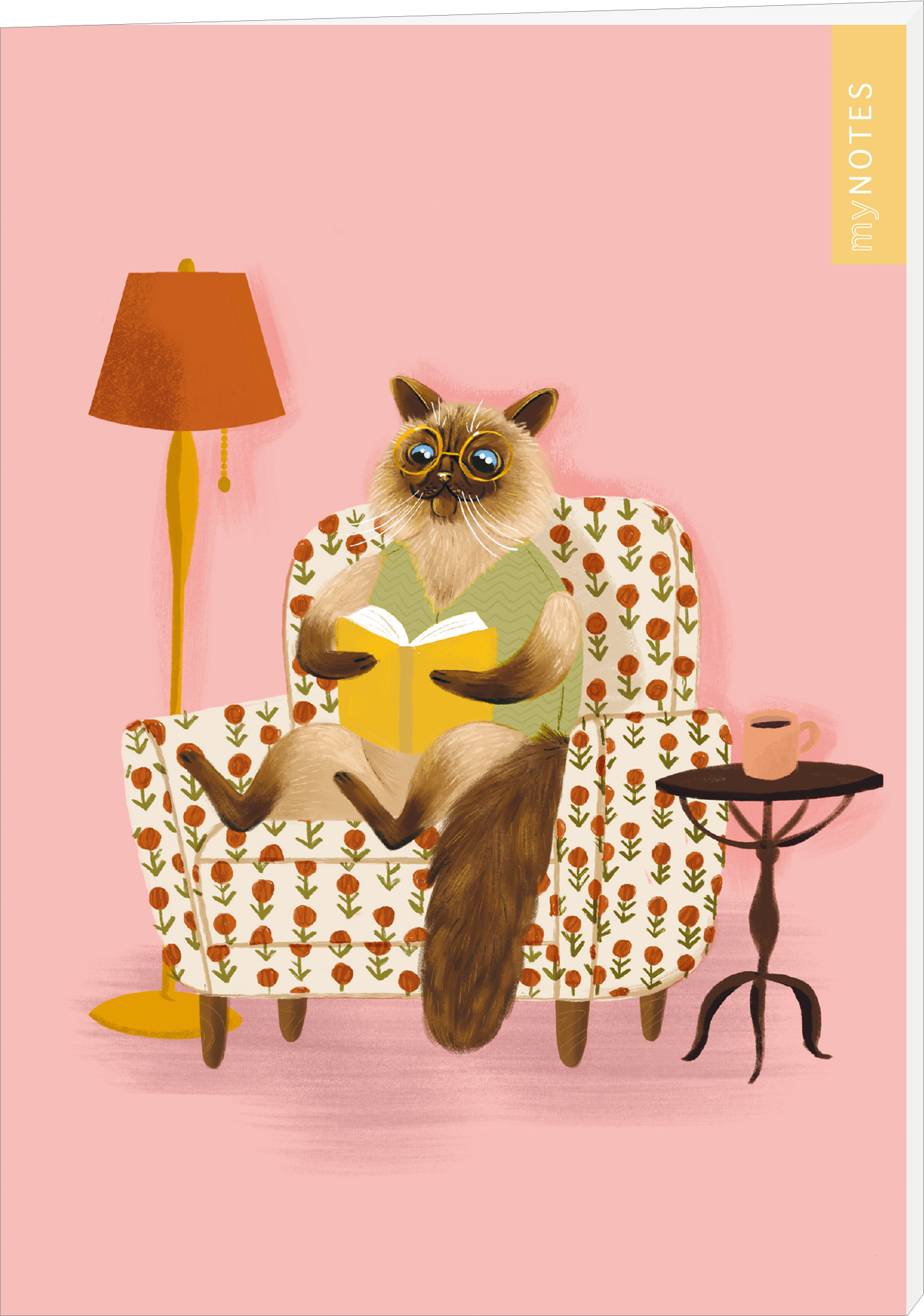 Auf dem Buchcover sitzt eine niedliche, animierte Tierfigur mit einem schlauen Gesicht und großen Brillen auf einem gemütlichen, stilvollen Sessel. Die Figur hält ein Buch und wirkt entspannt. Der Hintergrund ist in einem sanften Rosa gehalten, während der Sessel mit einem floralen Muster geschmückt ist. Neben dem Sessel steht eine moderne, orangefarbene Stehlampe. Auf dem kleinen Tisch neben dem Sessel steht eine Tasse. Oben rechts ist der Text „my NOTES“ in einer gelben Schrift zu...