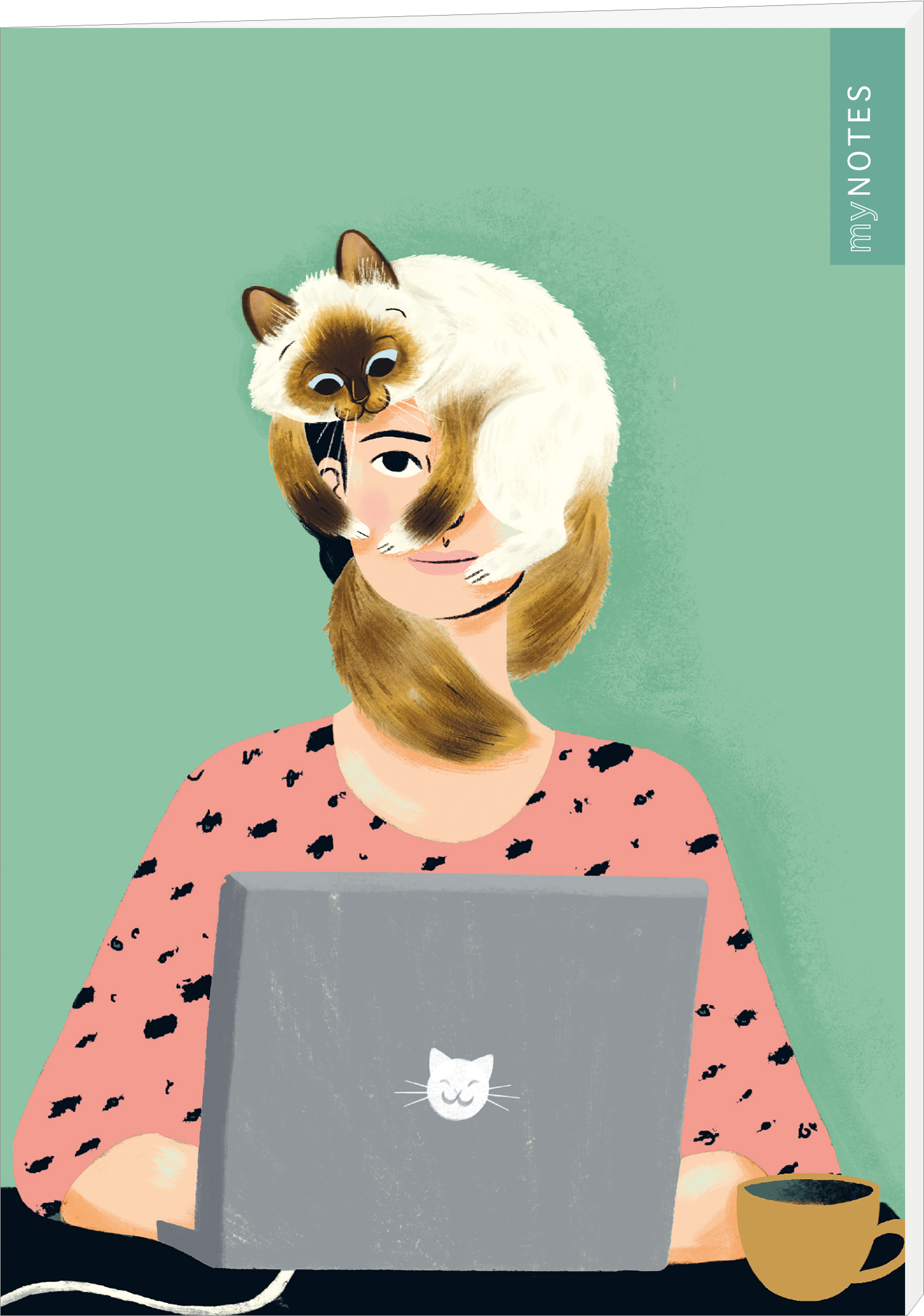 Das Buchcover zeigt eine junge Frau mit einem Laptop, auf dem ein niedlicher Katzenkopf abgebildet ist. Ihr Gesicht wird teilweise von einer Katze verdeckt, die auf ihrem Kopf sitzt. Sie trägt ein rosa Oberteil mit schwarz gemusterten Punkten. Der Hintergrund ist in einem sanften Grünton gehalten, was eine entspannte Atmosphäre erzeugt. Oben rechts steht der Titel „my NOTES“ in weißer Schrift. Ganz oben mittig steht der Logoschriftzug von arsEdition.