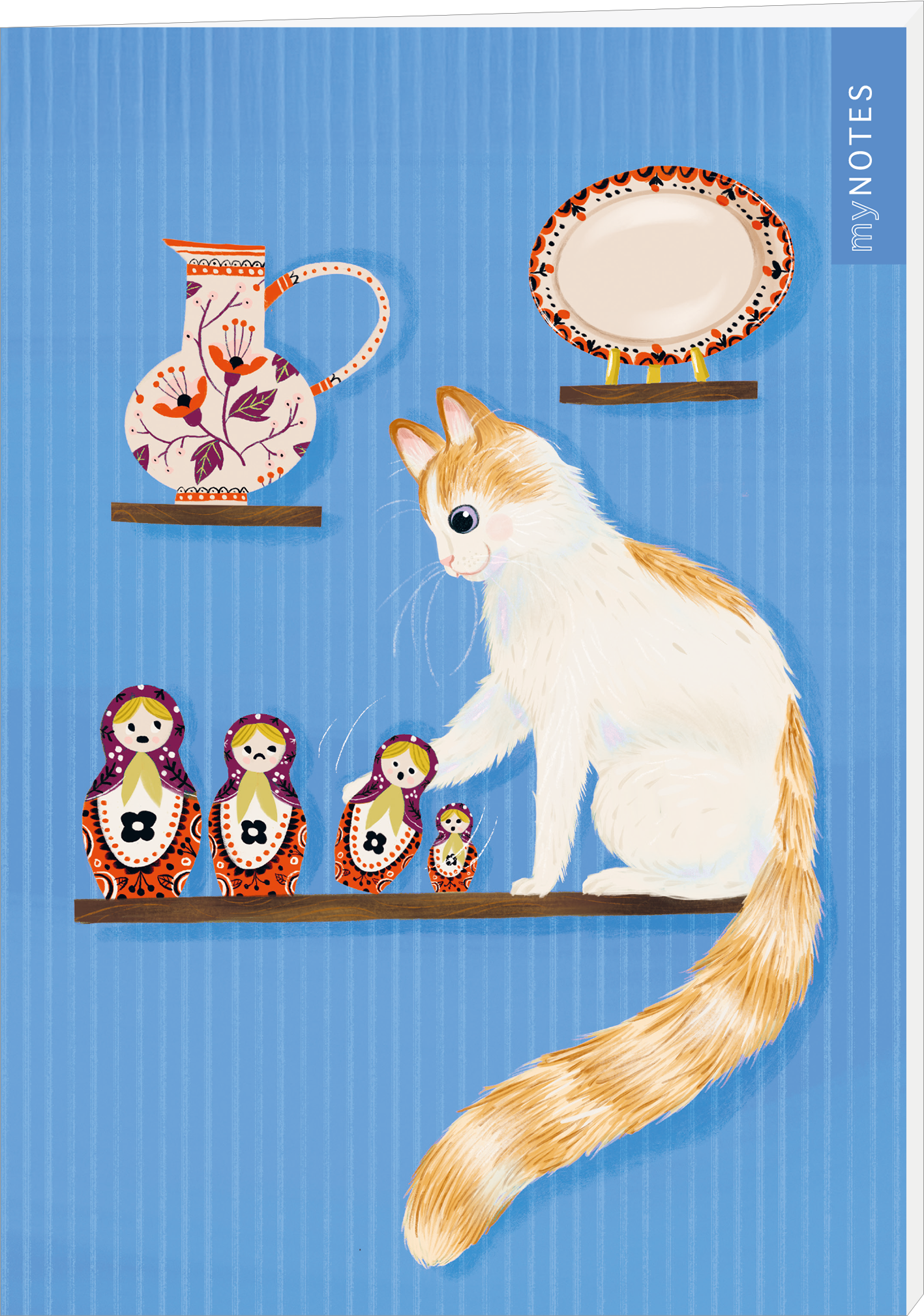Das Buchcover zeigt einen hellblauen Hintergrund mit senkrechten Streifen. In der Mitte sitzt ein weißes Kätzchen mit orangefarbenen Flecken, das eine Reihe von bunten russischen Matrjoschka-Puppen betrachtet. Oben links befindet sich eine dekorative Kanne mit floralen Mustern und rechts ein elegantes Tellerzentrum. Die Typografie ist modern und in einem hellen Farbton gehalten, mit dem Schriftzug „my NOTES“ in der oberen rechten Ecke. Ganz unten mittig steht der Logoschriftzug von...