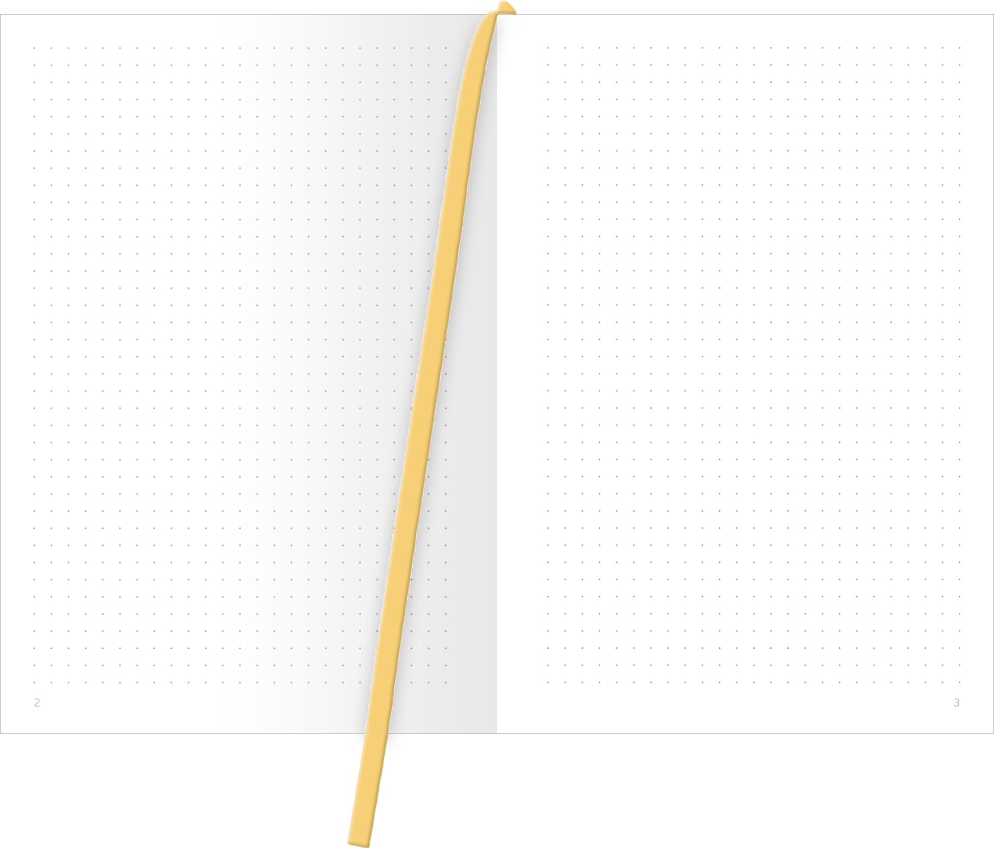 Gezeigt wird eine Innen- oder Zusatzansicht von „myNOTES Papeterie: Notizbuch A5 Katzen regieren die Welt“. Das Notizbuch hat leere, gepunktete Seiten, die sich in einem hellen, neutralen Farbton präsentieren. Darin sind dezent platzierte Punkte, die eine strukturierte Notizeneingabe ermöglichen. Ein markanter, gelber Lesezeichenband zieht sich entlang der Seiten und bietet eine praktische Orientierungshilfe. Die Typografie ist klar und modern, ohne zusätzliche Illustrationen.