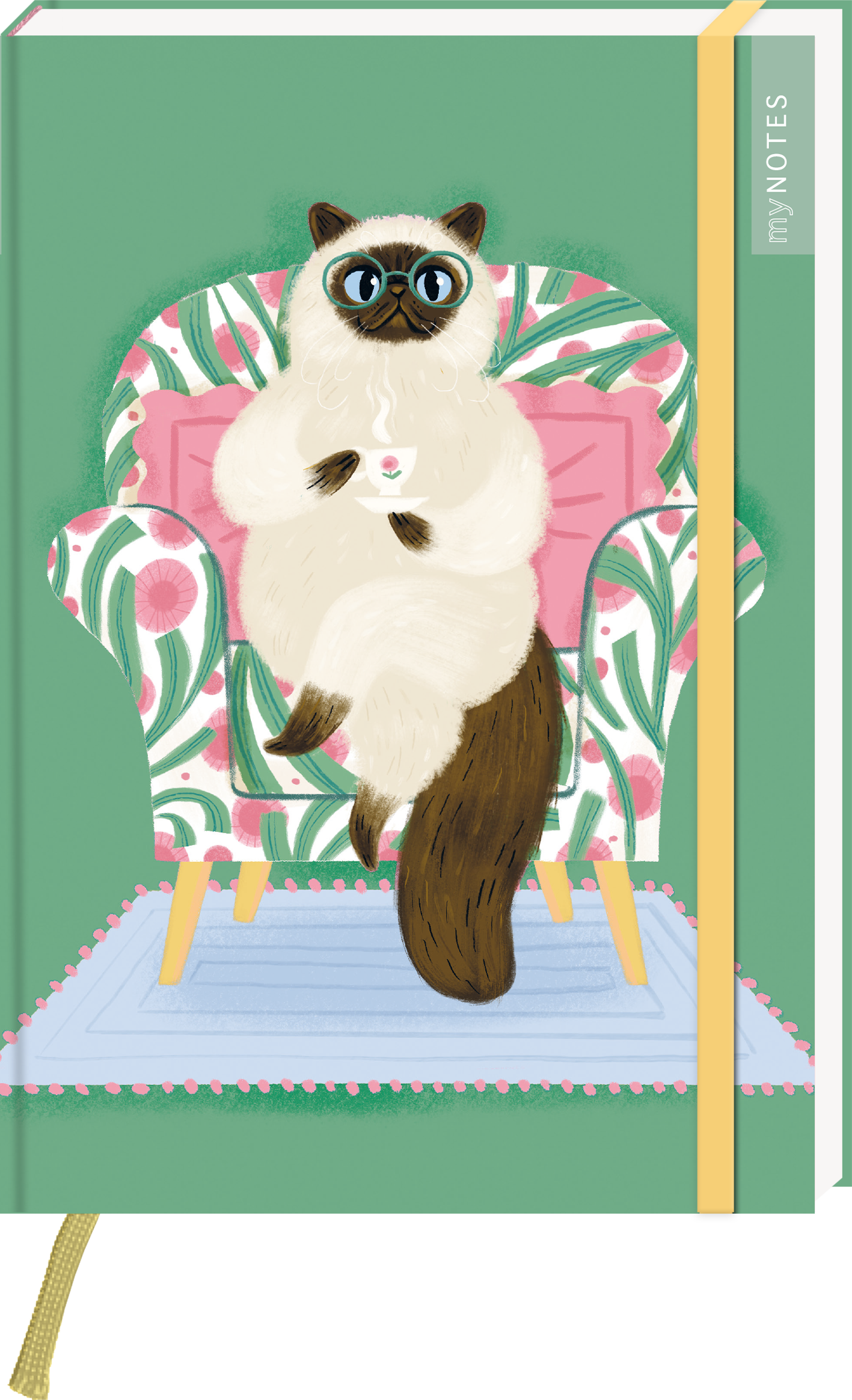 Das Buchcover zeigt eine niedliche Katze in einem gemütlichen, floralen Sessel. Die Katze mit großen, runden Brillen hält eine Tasse in den Vorderpfoten. Der Hintergrund ist in sanften Grüntönen gehalten, während der Sessel mit rosa Blumenmustern gestaltet ist. Darüber hinaus ist das Bild durch eine dezente, gelbe Leiste ergänzt. Es gibt keinen SPIEGEL-Bestseller-Button. Ganz unten mittig steht der Logoschriftzug von arsEdition.