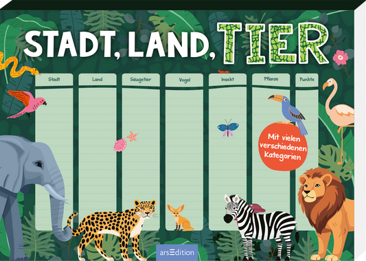 Das Buchcover zeigt einen grünen Hintergrund mit tropischen Pflanzen und bunten Tieren. Oben steht in großen, leuchtenden Buchstaben „STADT, LAND, TIER“. In der Mitte sind sieben Spalten für die Kategorien Stadt, Land, Säugetier, Vogel, Insekt, Pflanze und Punkte, jeweils mit einer hellgrünen Hintergrundfarbe. Rechts ist ein roter Button mit dem Text „Mit vielen verschiedenen Kategorien“. Die Atmosphäre ist lebhaft und spielerisch. Ganz unten mittig steht der Logoschriftzug von...