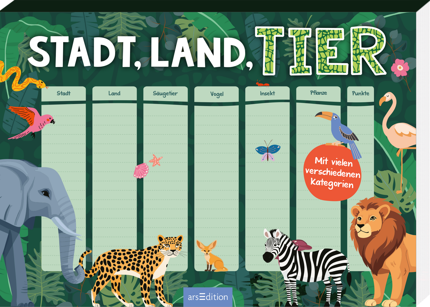Das Buchcover zeigt einen grünen Hintergrund mit tropischen Pflanzen und bunten Tieren. Oben steht in großen, leuchtenden Buchstaben „STADT, LAND, TIER“. In der Mitte sind sieben Spalten für die Kategorien Stadt, Land, Säugetier, Vogel, Insekt, Pflanze und Punkte, jeweils mit einer hellgrünen Hintergrundfarbe. Rechts ist ein roter Button mit dem Text „Mit vielen verschiedenen Kategorien“. Die Atmosphäre ist lebhaft und spielerisch. Ganz unten mittig steht der Logoschriftzug von...