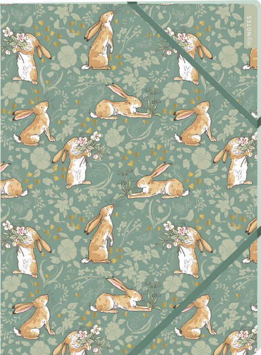 Das Buchcover zeigt ein sanftes, mintgrünes Muster, das mit verschiedenen Illustrationen von Hasen verziert ist. Die Hasen sind in verschiedenen Posen abgebildet, einige halten Blumen oder genießen die Landschaft. Die Farbpalette umfasst helle, pastellige Töne in Braun, Rosa und Weiß sowie goldene Akzente. In der oberen rechten Ecke steht der Schriftzug „NOTES“. Ganz unten mittig steht der Logoschriftzug von arsEdition.