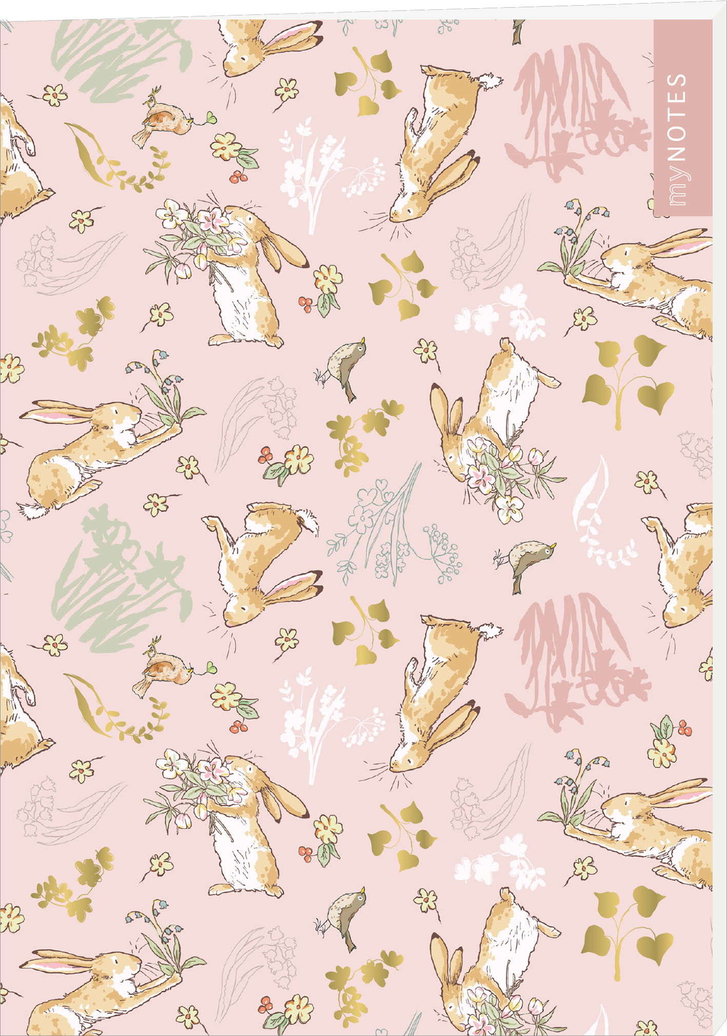 Das Buchcover zeigt ein zartes, rosafarbenes Hintergrundmuster mit hellbraunen Hasen, die verschiedene Blumen halten oder umgeben von bunten Pflanzen sind. Die Illustrationen sind spielerisch und detailreich, was eine fröhliche und einladende Atmosphäre schafft. In der oberen rechten Ecke prangt der Schriftzug „myNOTES“ in einer modernen, handgeschriebenen Schrift. Ganz unten mittig steht der Logoschriftzug von arsEdition.